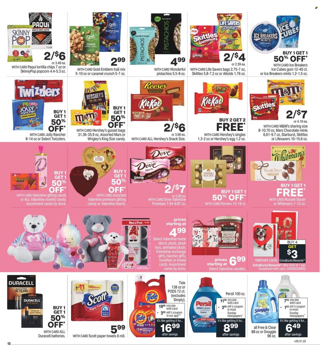 thumbnail - CVS Pharmacy Flyer - 01/23/2022 - 01/29/2022 - Sales products - Reese's, Hershey's, milk chocolate, chocolate, snack, ice cubes gum, Ferrero Rocher, Mars, M&M's, Skittles, peanut butter cups, Starburst, tortilla chips, chips, popcorn, Skinny Pop, pistachios, trail mix, Dove, Scott, kitchen towels, paper towels, Snuggle, Tide, Persil, boxed card, candle, battery, Duracell, Optimum, toys. Page 11.