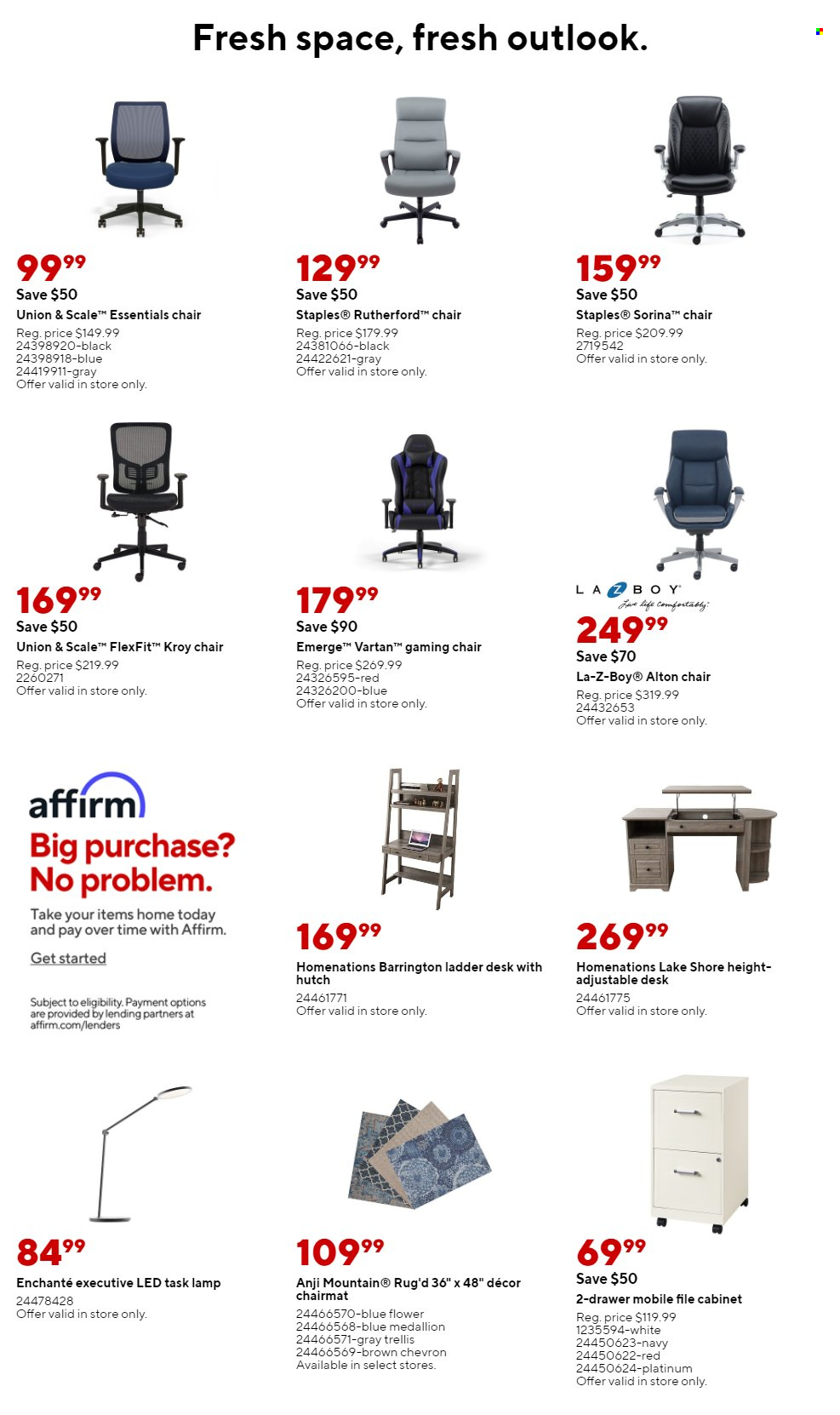 thumbnail - Staples Flyer - 01/23/2022 - 01/29/2022 - Sales products - desk, chair, cabinet, lamp, task lamp. Page 8.