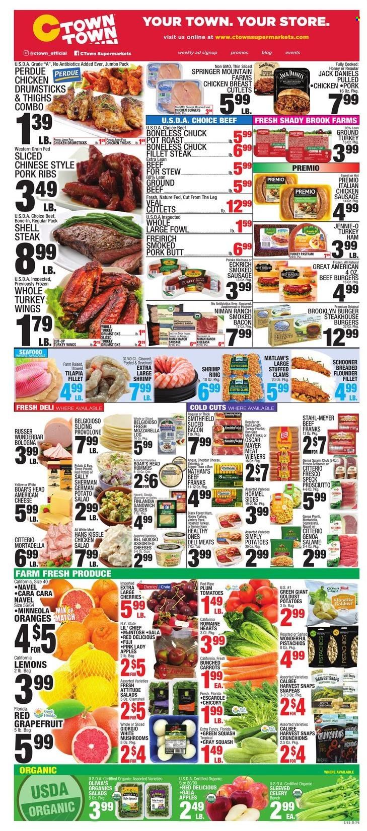 thumbnail - C-Town Flyer - 01/21/2022 - 01/27/2022 - Sales products - mushrooms, carrots, celery, tomatoes, zucchini, potatoes, sleeved celery, apples, Gala, grapefruits, Red Delicious apples, cherries, oranges, Pink Lady, clams, flounder, tilapia, seafood, shrimps, sandwich, hamburger, beef burger, Perdue®, Hormel, bacon, mortadella, salami, ham, prosciutto, pastrami, sausage, smoked sausage, hummus, potato salad, chicken salad, american cheese, mozzarella, cheddar, cheese, Provolone, Harvest Snaps, pistachios, beer, ground turkey, chicken drumsticks, beef meat, ground beef, veal cutlet, veal meat, steak, pork meat, pork ribs, lemons. Page 4.