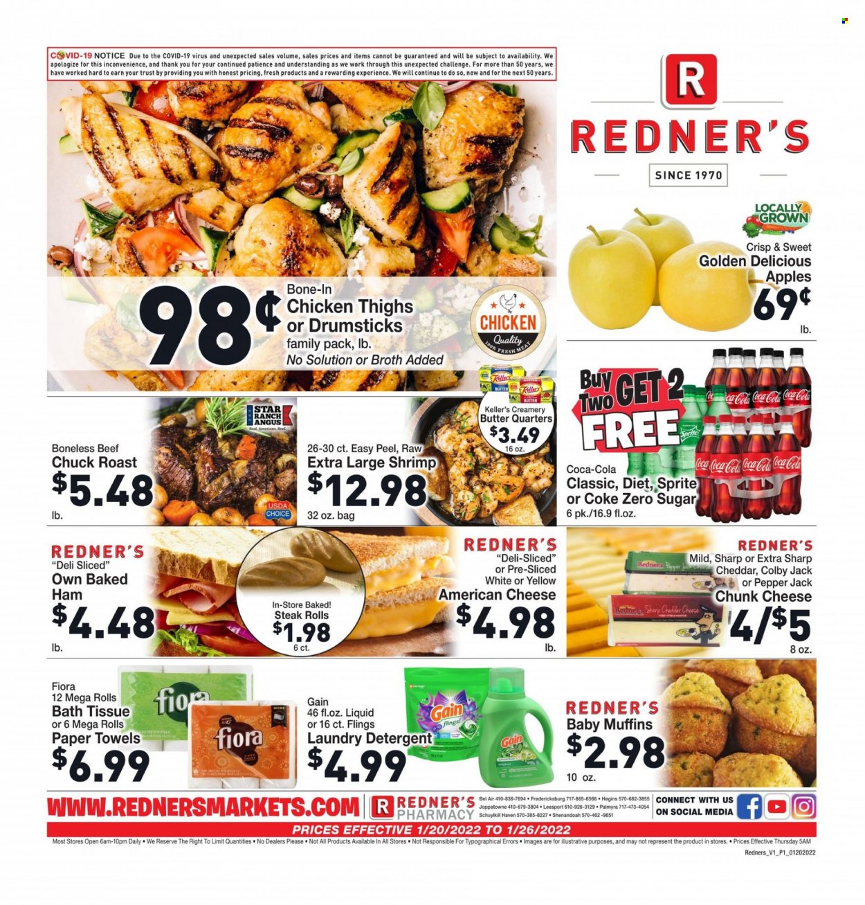 thumbnail - Redner's Markets Flyer - 01/20/2022 - 01/26/2022 - Sales products - muffin, Golden Delicious, shrimps, ham, american cheese, Colby cheese, cheddar, Pepper Jack cheese, cheese, chunk cheese, butter, Coca-Cola, Sprite, Coca-Cola zero, chicken thighs, beef meat, steak, chuck roast, bath tissue, kitchen towels, paper towels, detergent, Gain, laundry detergent, Trust. Page 1.