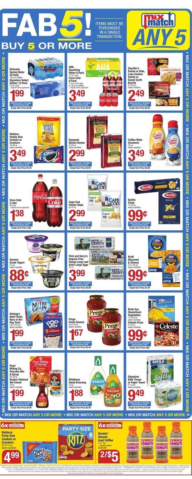thumbnail - Shaw’s Flyer - 01/21/2022 - 01/27/2022 - Sales products - donut, Dunkin' Donuts, cod, macaroni & cheese, spaghetti, pizza, pasta, pancakes, Bird's Eye, Barilla, burrito, Quaker, Lean Cuisine, Kraft®, sliced cheese, Sargento, greek yoghurt, Oreo, yoghurt, Dannon, Coffee-Mate, large eggs, Stouffer's, Celeste, cookies, crackers, Kellogg's, Pop-Tarts, Nutri-Grain bars, RITZ, potato chips, chips, Thins, oatmeal, cereals, Nutri-Grain, penne, salad dressing, dressing, Ranch House, syrup, Coca-Cola, seltzer water, spring water, sparkling water, iced coffee, red wine, wine, bath tissue, paper towels, Mum. Page 2.