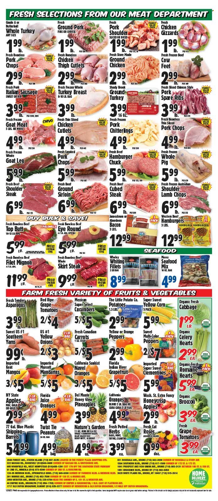 thumbnail - Western Beef Flyer - 01/20/2022 - 01/26/2022 - Sales products - asparagus, broccoli, cabbage, carrots, celery, corn, cucumber, potatoes, onion, peppers, Gala, grapefruits, mandarines, pineapple, Butterball, ground chicken, ground turkey, turkey breast, whole turkey, chicken breasts, chicken cutlets, chicken gizzards, chicken, turkey, boneless chicken thighs, beef meat, ground beef, steak, beef tenderloin, eye of round, ribs, ground pork, hamburger, pork chops, pork meat, pork ribs, pork shoulder, pork spare ribs, lamb chops, goat meat, seafood, whiting fillets, whiting, bacon, sausage, italian sausage, Del Monte, canned sweet potatoes, cilantro, basil, mint, thyme, peanuts, juice, beer, Omega-3, clementines, navel oranges. Page 4.