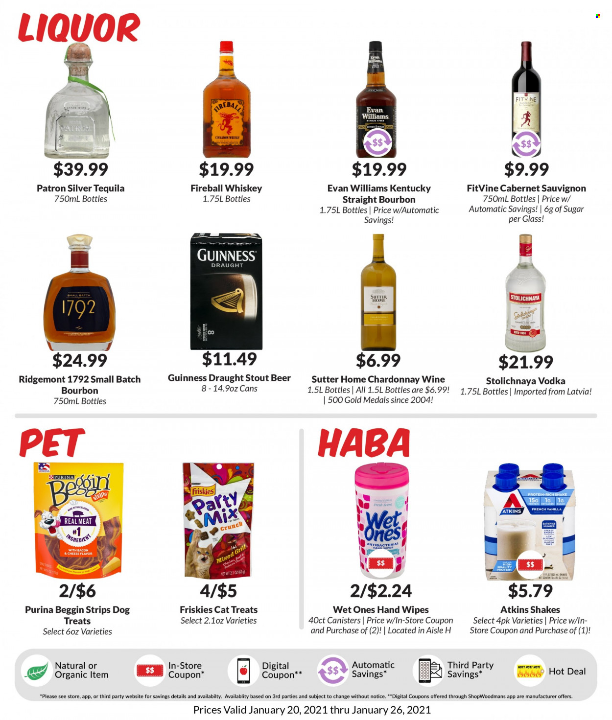 thumbnail - Woodman's Markets Flyer - 01/20/2022 - 01/26/2022 - Sales products - shake, strips, sugar, Cabernet Sauvignon, red wine, white wine, Chardonnay, wine, bourbon, tequila, vodka, whiskey, whisky, beer, Guinness, wipes, Purina, Friskies. Page 6.