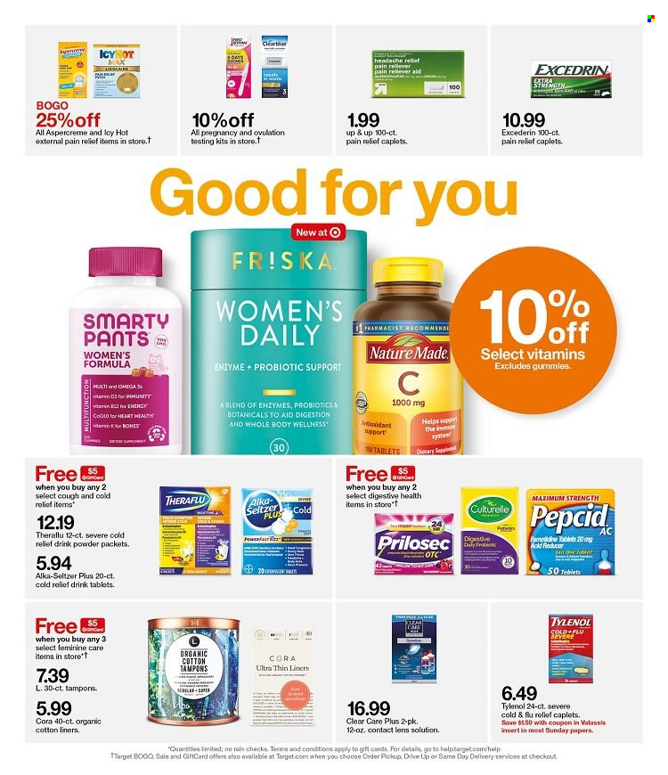 thumbnail - Target Flyer - 01/23/2022 - 01/29/2022 - Sales products - pants, tampons, Target, lens, pain relief, Clear Care, Culturelle, Cold & Flu, Excedrin, Nature Made, Theraflu, Tylenol, Pepcid, Aspercreme, Alka-seltzer. Page 11.