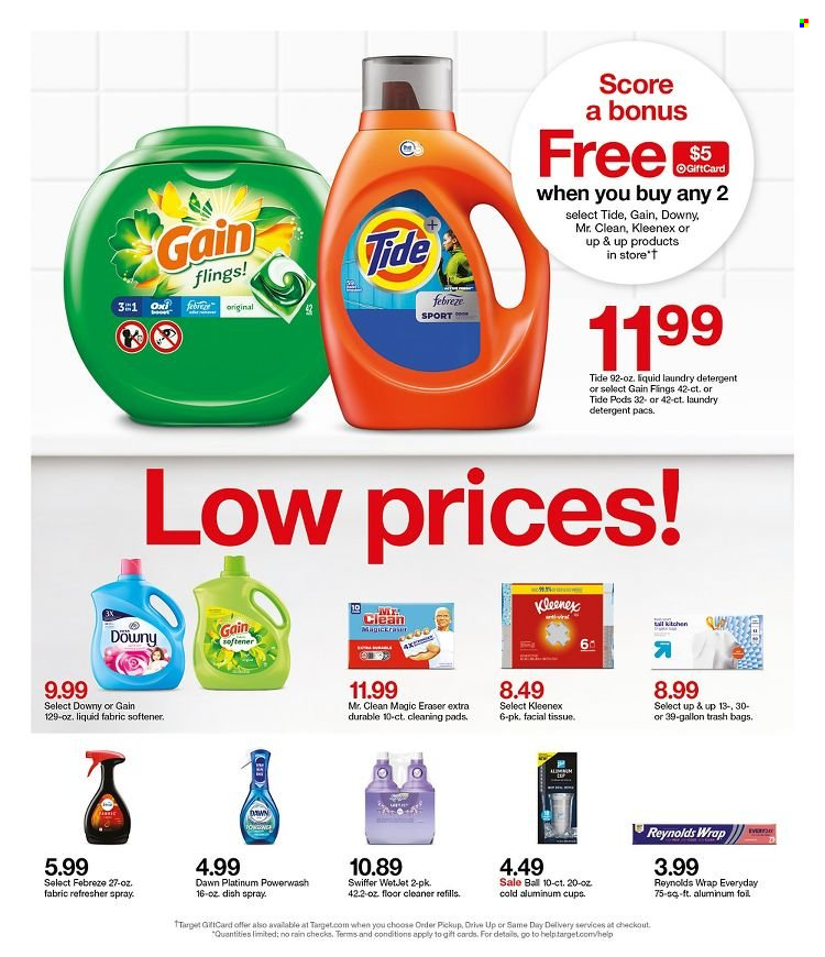 thumbnail - Target Flyer - 01/23/2022 - 01/29/2022 - Sales products - Kleenex, tissues, detergent, Febreze, Gain, cleaner, floor cleaner, Swiffer, cleaning pad, Tide, fabric softener, laundry detergent, refresher, bag, trash bags, Target, gallon, cup, eraser. Page 12.