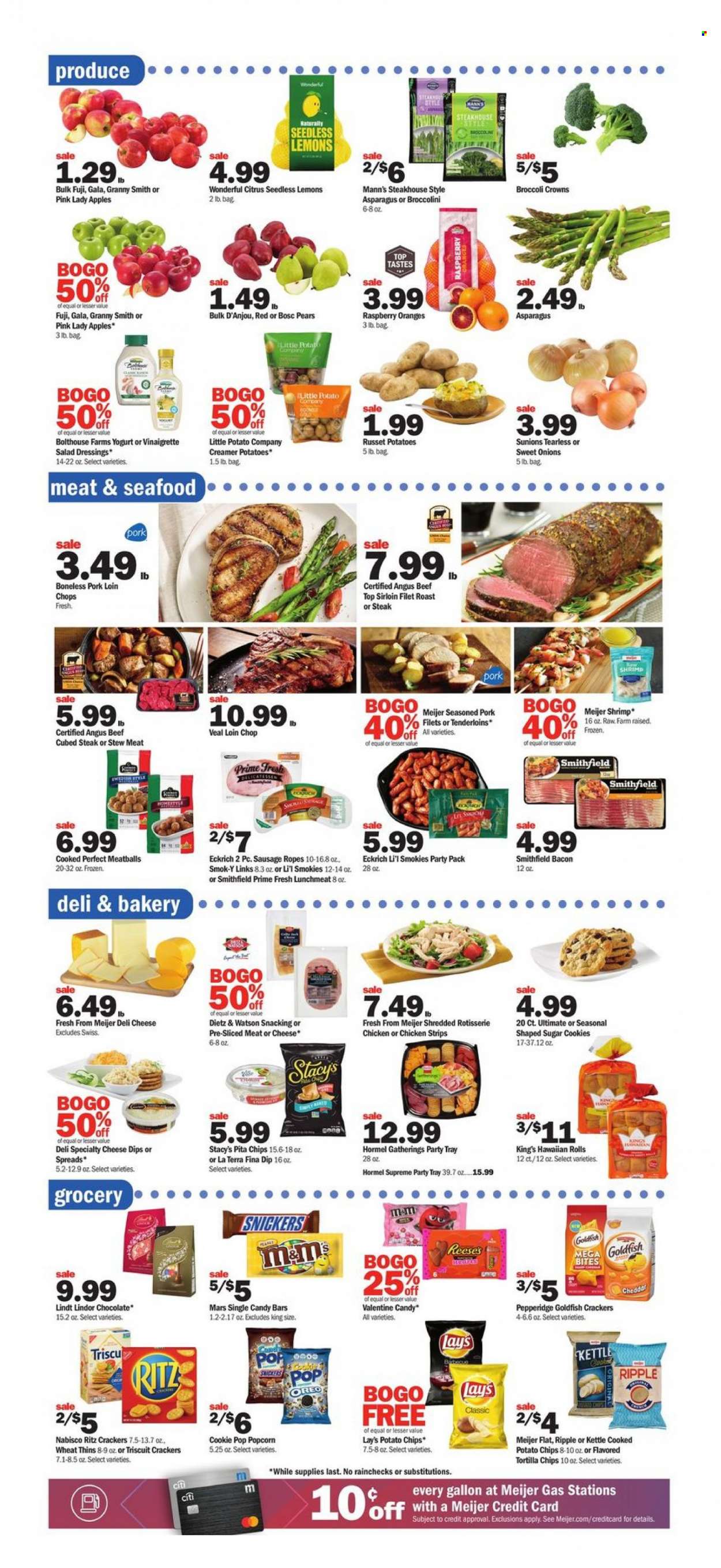 thumbnail - Meijer Flyer - 01/23/2022 - 01/29/2022 - Sales products - stew meat, hawaiian rolls, asparagus, russet potatoes, broccolini, apples, Gala, pears, oranges, Granny Smith, Pink Lady, seafood, shrimps, chicken roast, meatballs, Hormel, bacon, Dietz & Watson, sausage, lunch meat, Oreo, yoghurt, dip, Reese's, strips, chicken strips, cookies, chocolate, Lindt, Lindor, Snickers, Mars, crackers, RITZ, tortilla chips, potato chips, Lay’s, Thins, Goldfish, pita chips, salad dressing, vinaigrette dressing, beef meat, steak, sirloin steak, pork chops, pork loin, pork meat, gallon, lemons. Page 2.