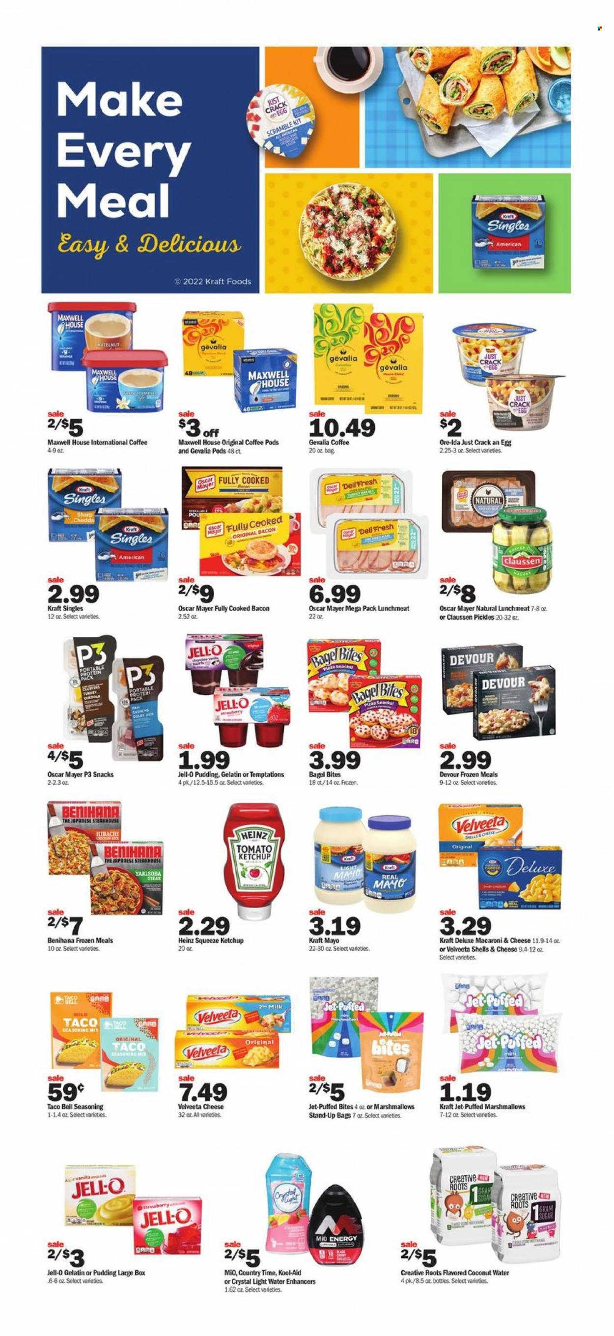 thumbnail - Meijer Flyer - 01/23/2022 - 01/29/2022 - Sales products - bagels, macaroni & cheese, Kraft®, bacon, Oscar Mayer, lunch meat, Colby cheese, sandwich slices, Kraft Singles, pudding, mayonnaise, Devour, Ore-Ida, marshmallows, snack, Jell-O, Heinz, pickles, spice, ketchup, coconut water, Country Time, Maxwell House, coffee pods, Gevalia, steak, Jet, Sharp, gelatin. Page 6.