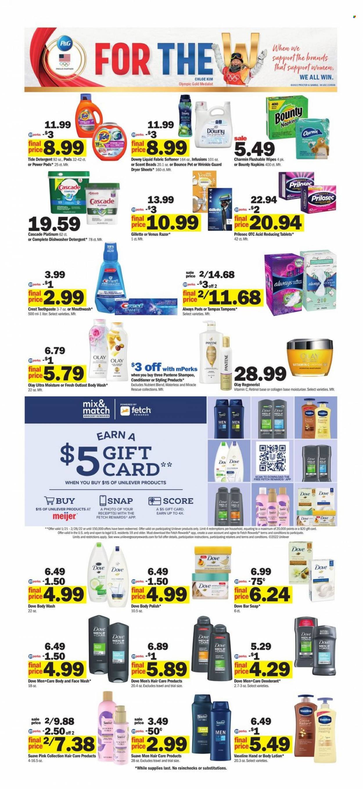 thumbnail - Meijer Flyer - 01/23/2022 - 01/29/2022 - Sales products - Bounty, wipes, napkins, Charmin, detergent, Cascade, Tide, fabric softener, Bounce, dryer sheets, Downy Laundry, body wash, Dove, shampoo, Suave, face gel, Vaseline, soap bar, soap, toothpaste, mouthwash, Crest, Tampax, Always pads, tampons, moisturizer, Olay, face wash, conditioner, Pantene, body lotion, anti-perspirant, Chloé, deodorant, Gillette, razor, Venus, polish, vitamin c. Page 16.
