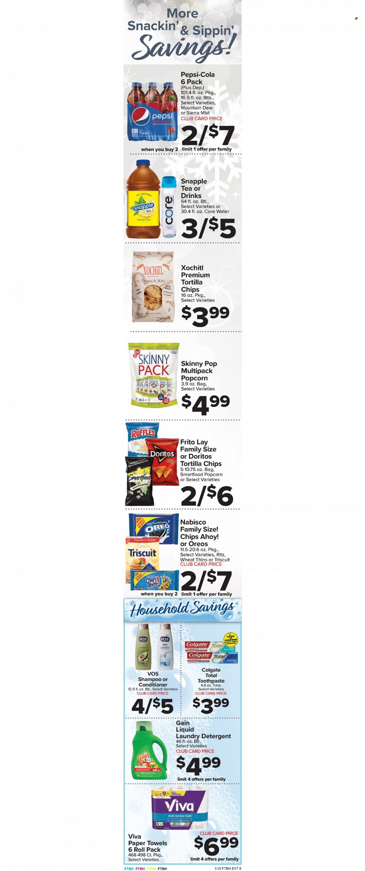 thumbnail - Foodtown Flyer - 01/21/2022 - 01/27/2022 - Sales products - Oreo, Chips Ahoy!, RITZ, Doritos, tortilla chips, chips, Smartfood, Thins, popcorn, Ruffles, Skinny Pop, Mountain Dew, Pepsi, Snapple, Sierra Mist, tea, kitchen towels, paper towels, detergent, Gain, laundry detergent, shampoo, Colgate, toothpaste, conditioner, VO5. Page 3.