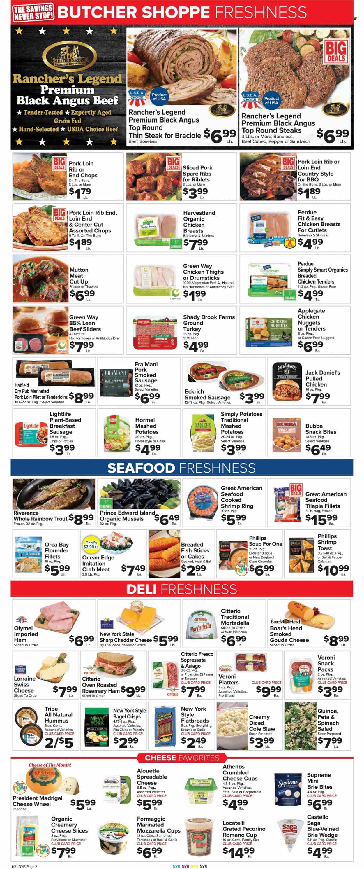 thumbnail - Foodtown Flyer - 01/21/2022 - 01/27/2022 - Sales products - cake, salad, jalapeño, calamari, crab meat, flounder, lobster, mussels, tilapia, trout, seafood, crab, fish, shrimps, Orca Bay, fish fingers, fish sticks, mashed potatoes, Jack Daniel's, soup, nuggets, fried chicken, chicken nuggets, Perdue®, breaded fish, pulled chicken, Hormel, mortadella, ham, smoked sausage, chicken sausage, hummus, asiago, gouda, mozzarella, sliced cheese, swiss cheese, cheese cup, Pecorino, cheese, brie, gorgonzola, Münster cheese, Président, feta, Provolone, snack, bagel crisps, pita chips, dried tomatoes, clam chowder, quinoa, esponja, rosemary, ground chicken, chicken thighs, beef meat, steak, pork loin, pork meat, pork ribs, pork spare ribs, marinated pork, mutton meat, cup. Page 4.