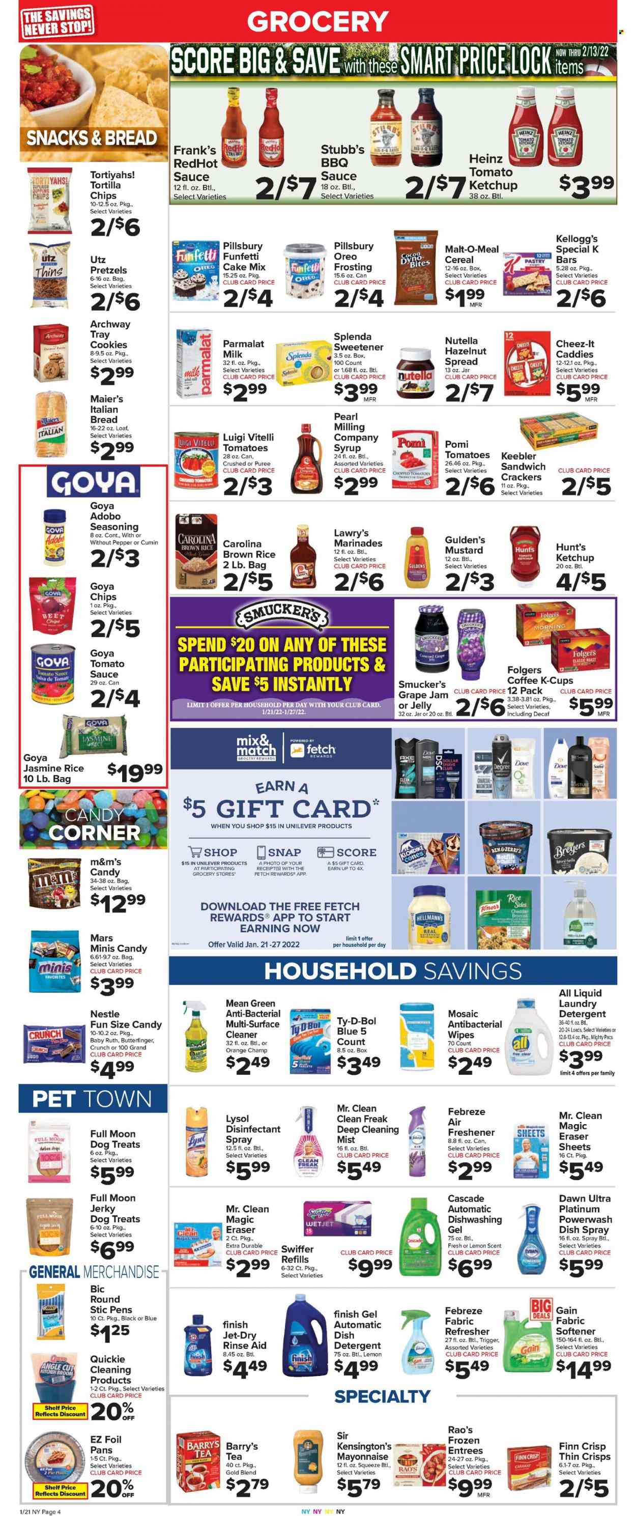 thumbnail - Foodtown Flyer - 01/21/2022 - 01/27/2022 - Sales products - bread, pretzels, pie, cake mix, tomatoes, oranges, Knorr, sauce, Pillsbury, jerky, cheese, Oreo, Parmalat, milk, mayonnaise, Hellmann’s, cookies, Nestlé, Nutella, snack, Mars, jelly, M&M's, crackers, Kellogg's, Keebler, tortilla chips, Thins, Cheez-It, frosting, malt, sweetener, tomato sauce, Heinz, Goya, cereals, brown rice, rice, jasmine rice, spice, cumin, adobo sauce, BBQ sauce, mustard, ketchup, salsa, fruit jam, syrup, hazelnut spread, tea, coffee, Folgers, coffee capsules, K-Cups, wipes, Dove, detergent, Febreze, Gain, cleaner, desinfection, Lysol, Swiffer, Cascade, fabric softener, Jet, refresher, BIC, broom, WetJet, tray, eraser, air freshener, charcoal, magnesium. Page 6.