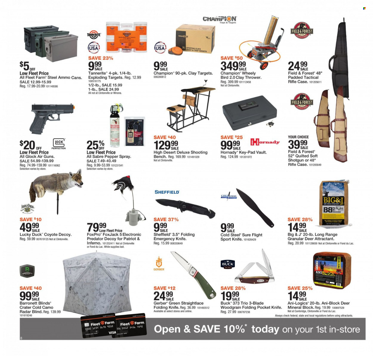thumbnail - Fleet Farm Flyer - 01/21/2022 - 01/29/2022 - Sales products - Gerber, pepper, Sure, knife, pepper spray, folding knife, glock, pocket knife, Thrower, shooting bench, ammo. Page 8.