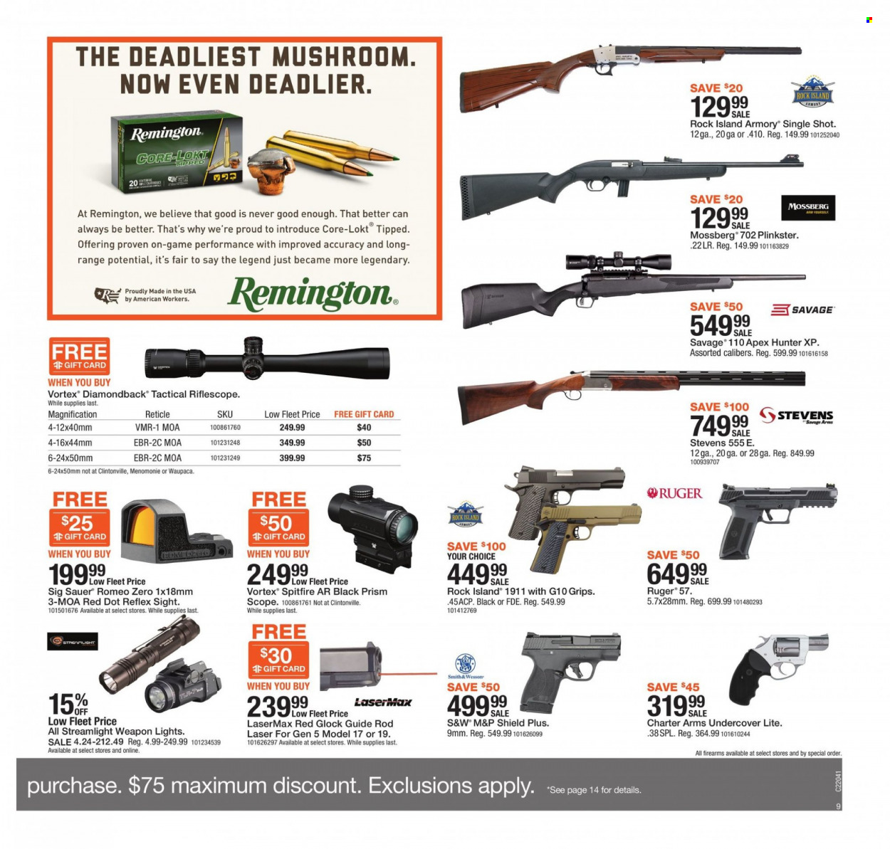 thumbnail - Fleet Farm Flyer - 01/21/2022 - 01/29/2022 - Sales products - mushrooms, Hunter, glock, Remington, riflescope, Ruger, SIG Sauer, savage, scope, Smith & Wesson. Page 9.
