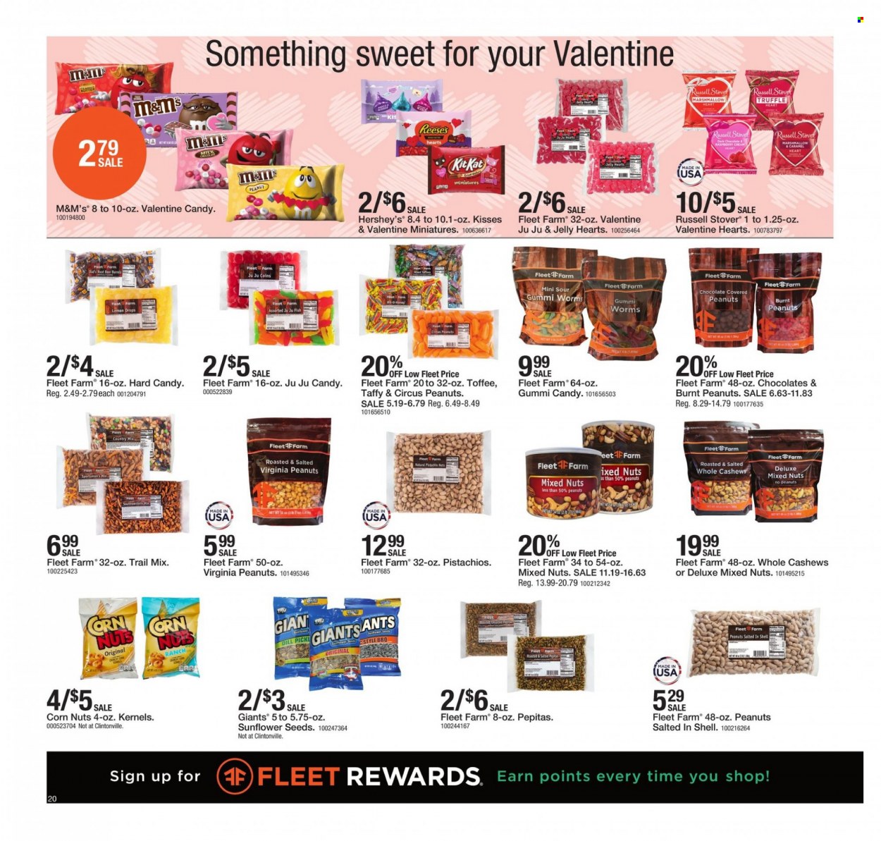 thumbnail - Fleet Farm Flyer - 01/21/2022 - 01/29/2022 - Sales products - marshmallows, truffles, KitKat, toffee, jelly, M&M's, Reese's, Hershey's, corn, dill, caramel, cashews, peanuts, pistachios, sunflower seeds, mixed nuts, trail mix, beer, stove, Shell. Page 20.