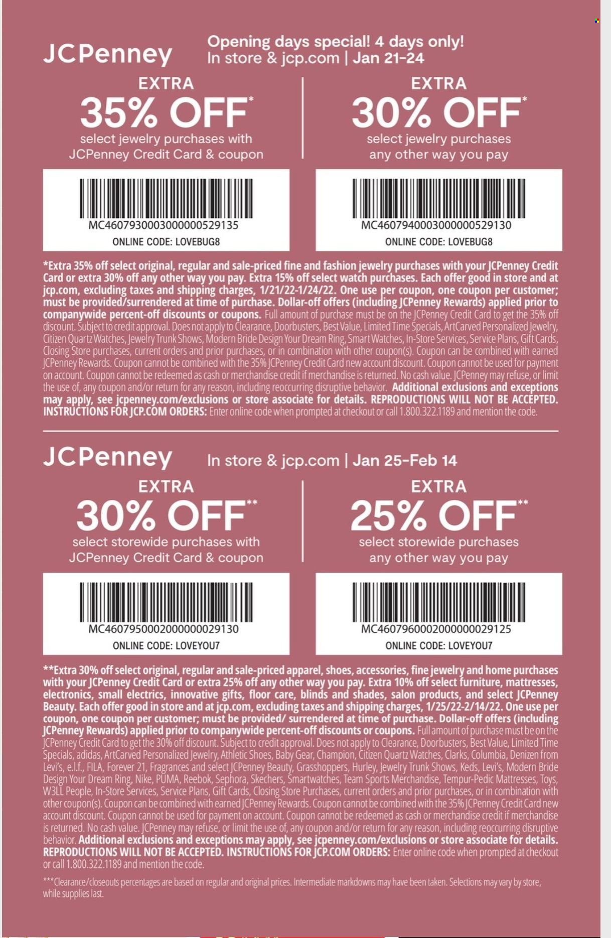 thumbnail - JCPenney Flyer - 01/21/2022 - 02/14/2022 - Sales products - Adidas, Columbia, Fila, Reebok, shoes, Puma, Nike, Skechers, athletic shoes, mattress, Levi's, watch, jewelry. Page 2.