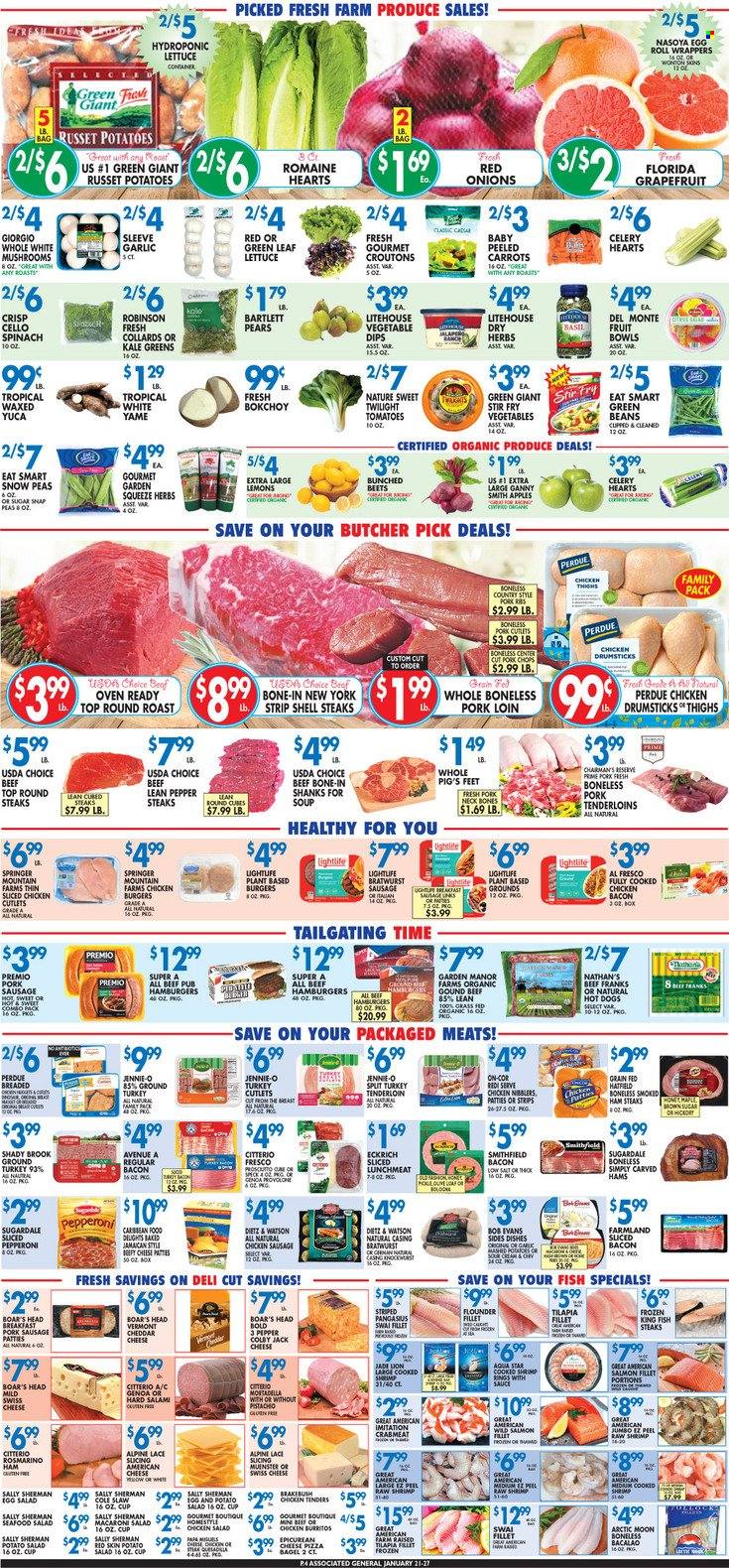 thumbnail - Associated Supermarkets Flyer - 01/21/2022 - 01/27/2022 - Sales products - Bartlett pears, bagels, beans, carrots, celery, garlic, green beans, red onions, russet potatoes, kale, potatoes, peas, sleeved celery, apples, grapefruits, pears, crab meat, flounder, salmon, salmon fillet, tilapia, pangasius, seafood, fish, king fish, shrimps, fish steak, swai fillet, hot dog, pizza, soup, hamburger, sauce, egg rolls, burrito, Perdue®, Bob Evans, Sugardale, bacon, mortadella, salami, ham, smoked ham, Dietz & Watson, bratwurst, pork sausage, pepperoni, chicken sausage, potato salad, macaroni salad, seafood salad, lunch meat, ham steaks, american cheese, swiss cheese, Provolone, eggs, snap peas, snow peas, strips, croutons, esponja, pepper, ground turkey, chicken cutlets, chicken drumsticks, turkey tenderloin, beef meat, steak, round roast, sirloin steak, pork chops, pork loin, pork meat, pork tenderloin, beef bone, lemons. Page 4.