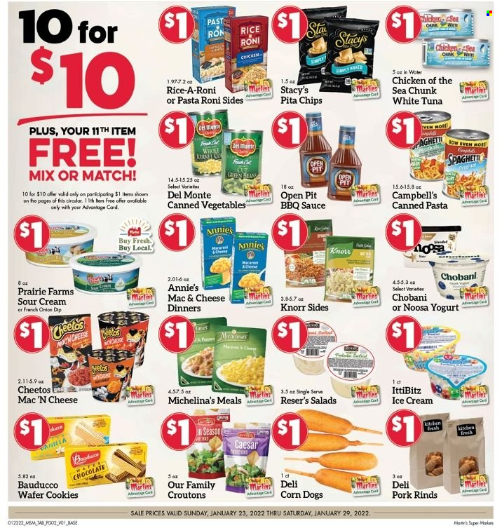 thumbnail - Martin’s Flyer - 01/23/2022 - 01/29/2022 - Sales products - tuna, Campbell's, Knorr, sauce, Annie's, yoghurt, Chobani, sour cream, dip, ice cream, cookies, wafers, Cheetos, chips, pita chips, croutons, canned vegetables, Chicken of the Sea, rice, BBQ sauce, mirin, Ron Pelicano. Page 2.
