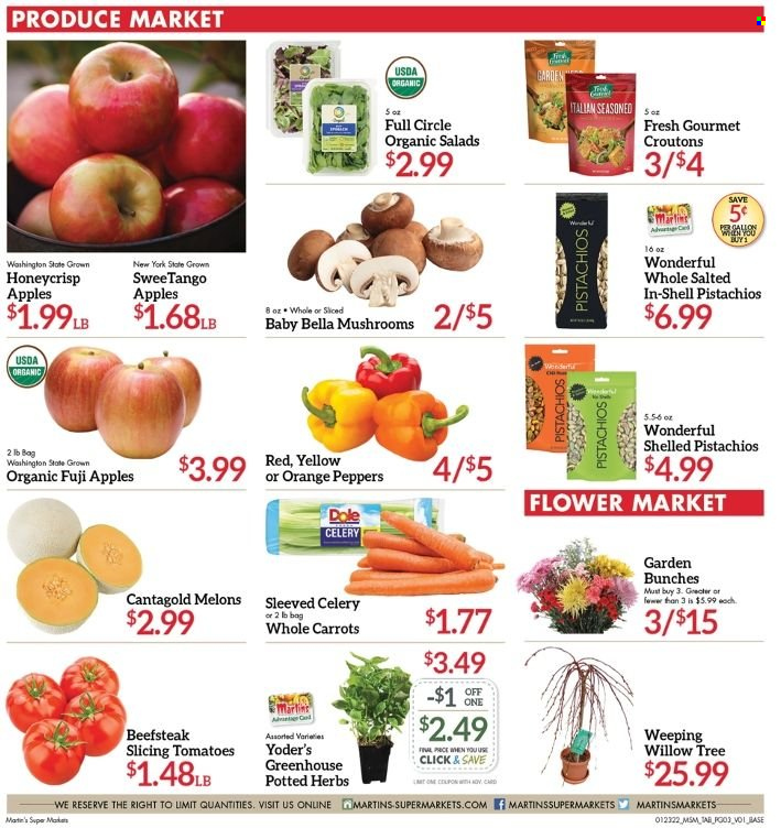 thumbnail - Martin’s Flyer - 01/23/2022 - 01/29/2022 - Sales products - mushrooms, carrots, celery, tomatoes, salad, Dole, peppers, sleeved celery, apples, oranges, Fuji apple, croutons, pistachios, bunches, melons. Page 3.