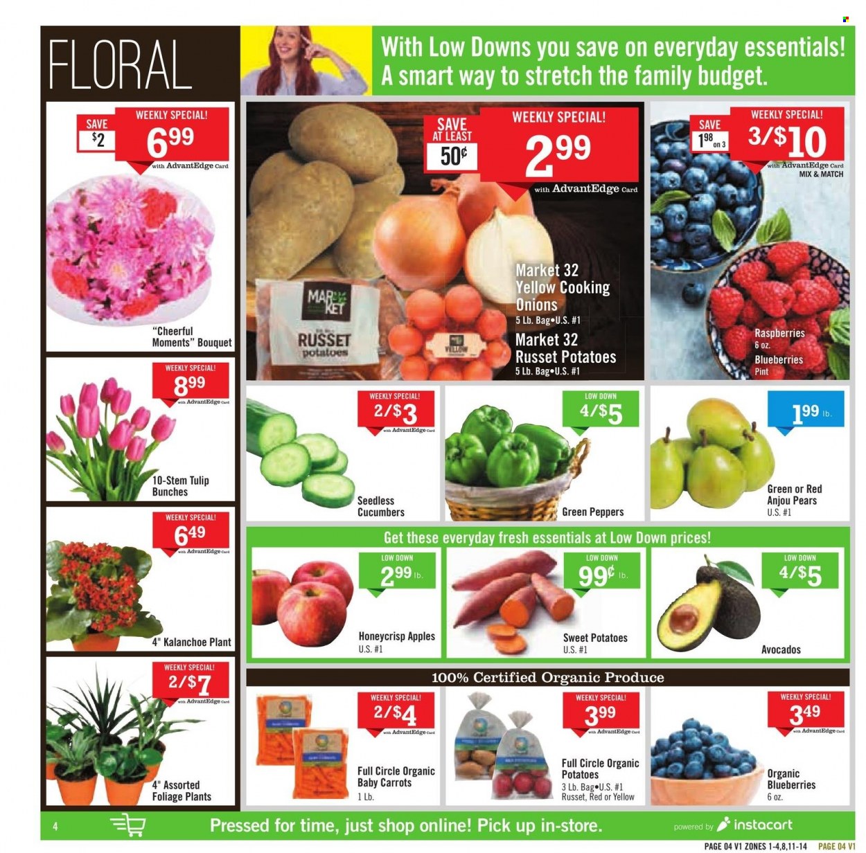 thumbnail - Price Chopper Flyer - 01/23/2022 - 01/29/2022 - Sales products - carrots, cucumber, russet potatoes, sweet potato, potatoes, onion, peppers, apples, avocado, blueberries, pears, Moments, bunches, bouquet. Page 4.
