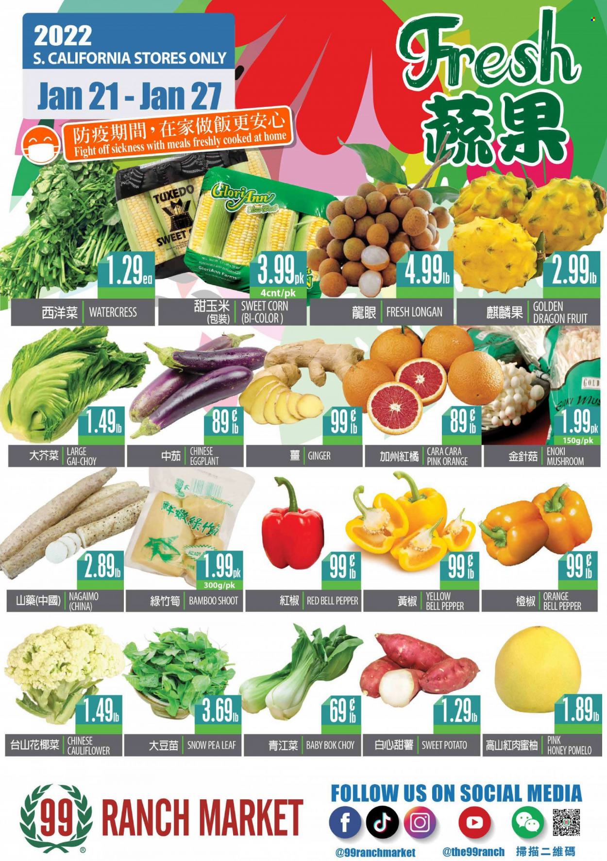 thumbnail - 99 Ranch Market Flyer - 01/21/2022 - 01/27/2022 - Sales products - mushrooms, bell peppers, bok choy, cauliflower, corn, ginger, sweet potato, eggplant, sweet corn, oranges, dragon fruit, bamboo shoot, watercress, pepper, honey, nagaimo, pomelo. Page 2.