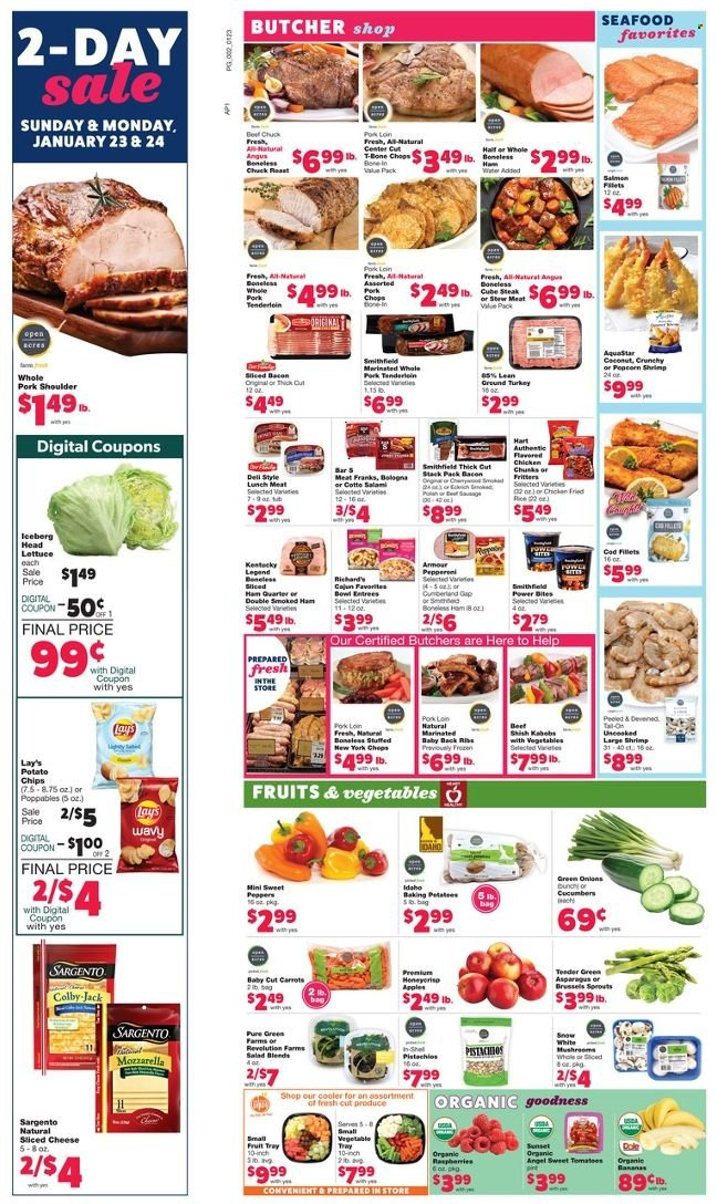 thumbnail - Family Fare Flyer - 01/23/2022 - 01/29/2022 - Sales products - stew meat, asparagus, carrots, cucumber, sweet peppers, tomatoes, lettuce, salad, peppers, apples, bananas, coconut, cod, seafood, shrimps, bacon, salami, ham, smoked ham, bologna sausage, lunch meat, Colby cheese, mozzarella, sliced cheese, cheese, Sargento, Lay’s, pistachios, steak, pork loin, pork meat, pork ribs, pork shoulder, pork back ribs, tray. Page 2.