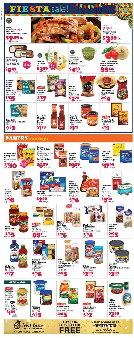 thumbnail - Family Fare Flyer - 01/23/2022 - 01/29/2022 - Sales products - cake mix, tomatoes, jalapeño, limes, pasta sauce, sauce, dinner kit, guacamole, shredded cheese, ranch dressing, dip, strips, chips, frosting, broth, chili beans, cereals, Cheerios, spice, dressing, apple sauce, peanut butter, Maxwell House, coffee, chicken breasts, stir fry strips, pen, lemons. Page 3.