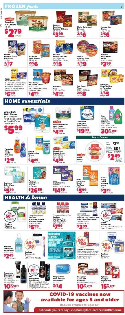 thumbnail - Family Fare Flyer - 01/23/2022 - 01/29/2022 - Sales products - potatoes, Marie Callender's, shake, ice cream, Mickey Mouse, Blue Bunny, McCain, hash browns, Bellatoria, Kellogg's, protein bar, wipes, Pampers, bath tissue, detergent, Clorox, Ajax, laundry detergent, body wash, Colgate, Listerine, toothpaste, conditioner, TRESemmé, plate, paper, Sylvania, AAA batteries. Page 5.