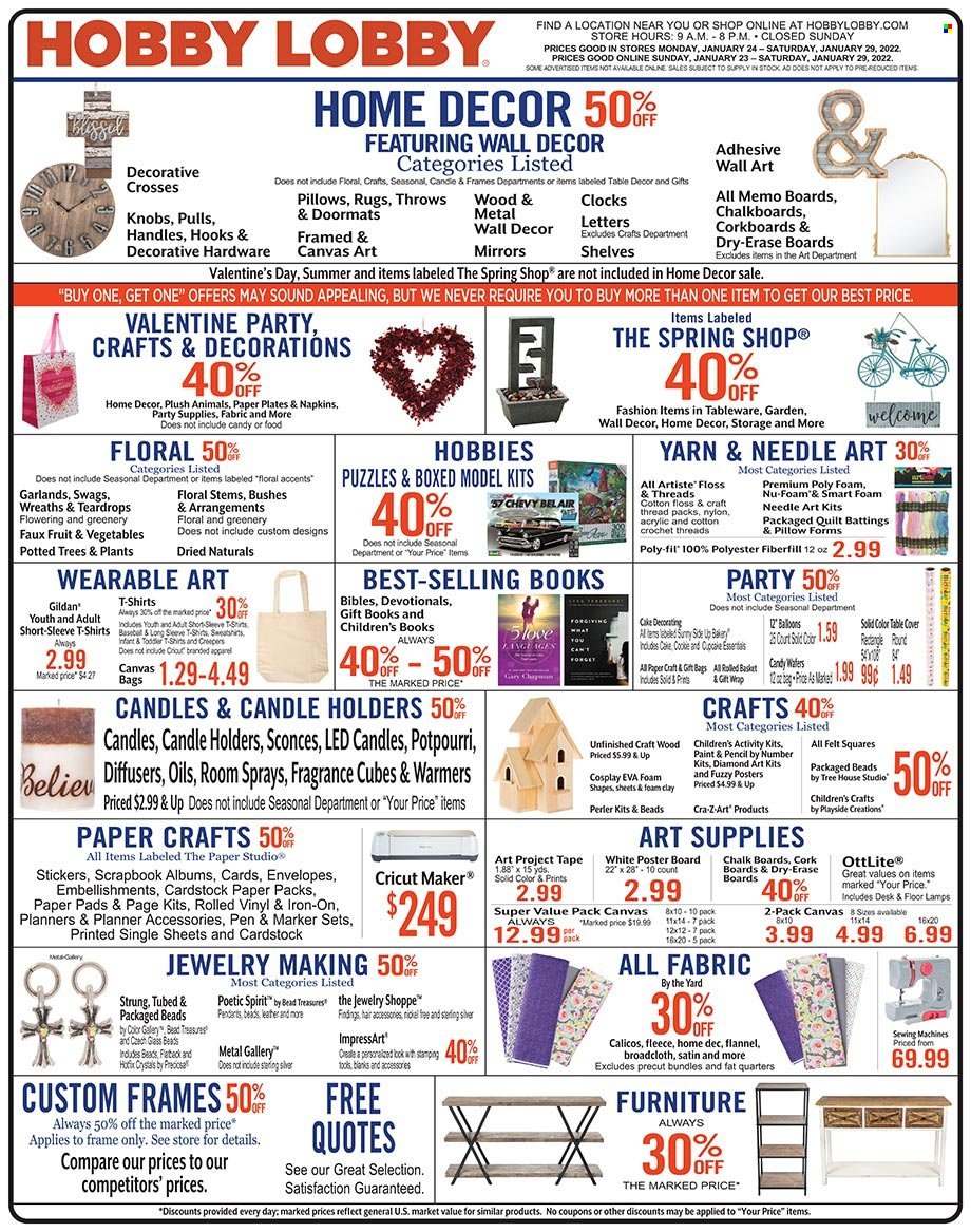 thumbnail - Hobby Lobby Flyer - 01/23/2022 - 01/29/2022 - Sales products - bag, sticker, pen, envelope, paper, pencil, scrapbook, sketch pad, canvas, knitting wool, napkins, pillow, quilt, mirror, wall decor. Page 1.