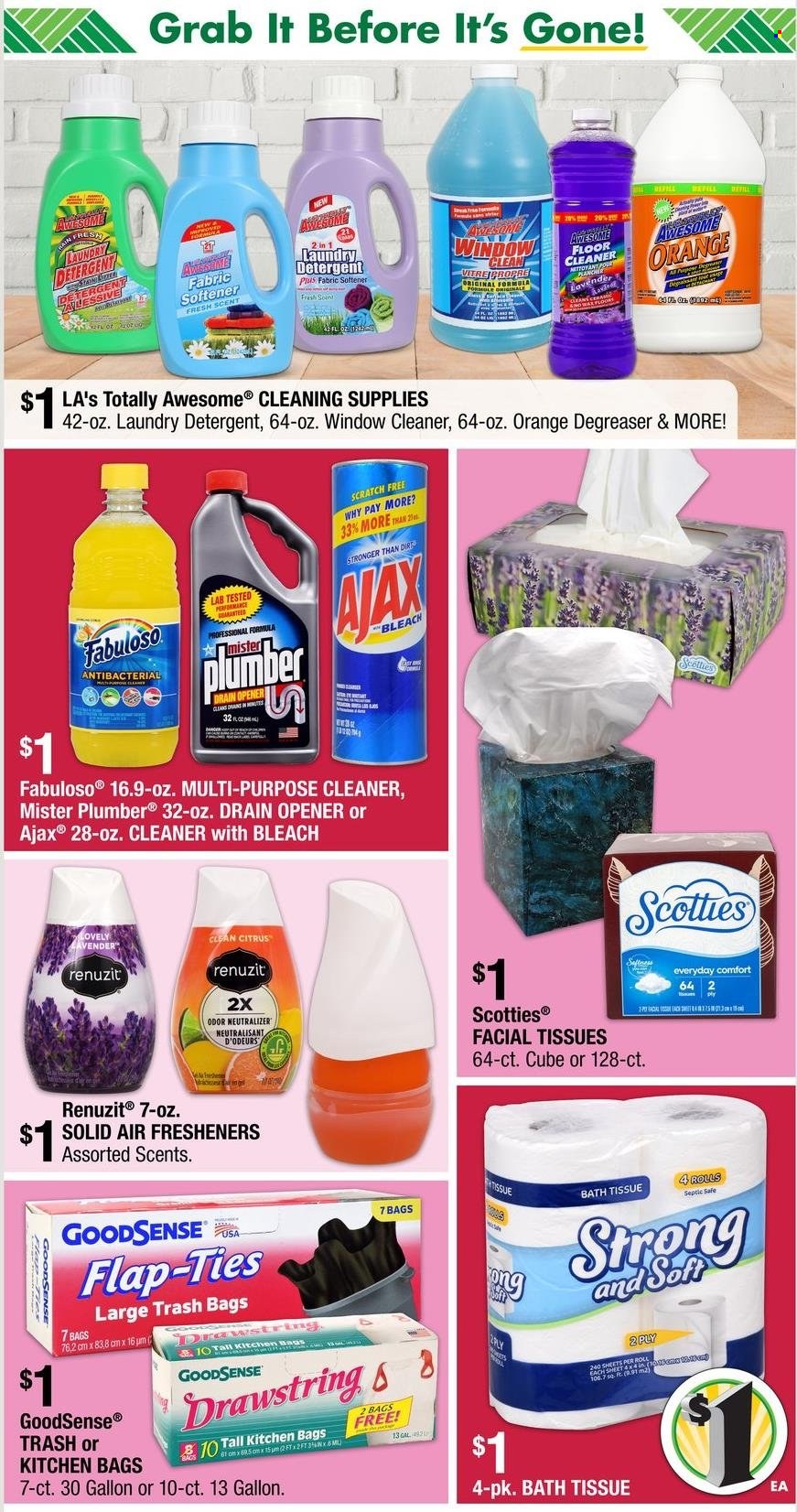 thumbnail - Dollar Tree Flyer - 01/23/2022 - 02/12/2022 - Sales products - oranges, bath tissue, detergent, cleaner, bleach, floor cleaner, drain opener, Ajax, Fabuloso, fabric softener, laundry detergent, facial tissues, bag, trash bags, Renuzit, air freshener. Page 4.
