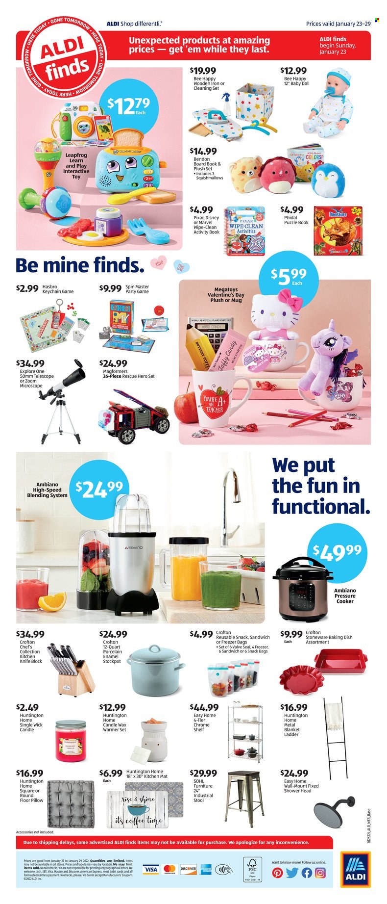thumbnail - ALDI Flyer - 01/23/2022 - 01/29/2022 - Sales products - showerhead, sandwich, Disney, stockpot, L'Or, bag, knife, cleaning set, mug, pressure cooker, knife block, stoneware, freezer bag, candle, blanket, pillow, freezer, iron, doll, LeapFrog, Hasbro, toys, puzzle, Magformers, Squishmallows, ladder, kitchen mat. Page 2.