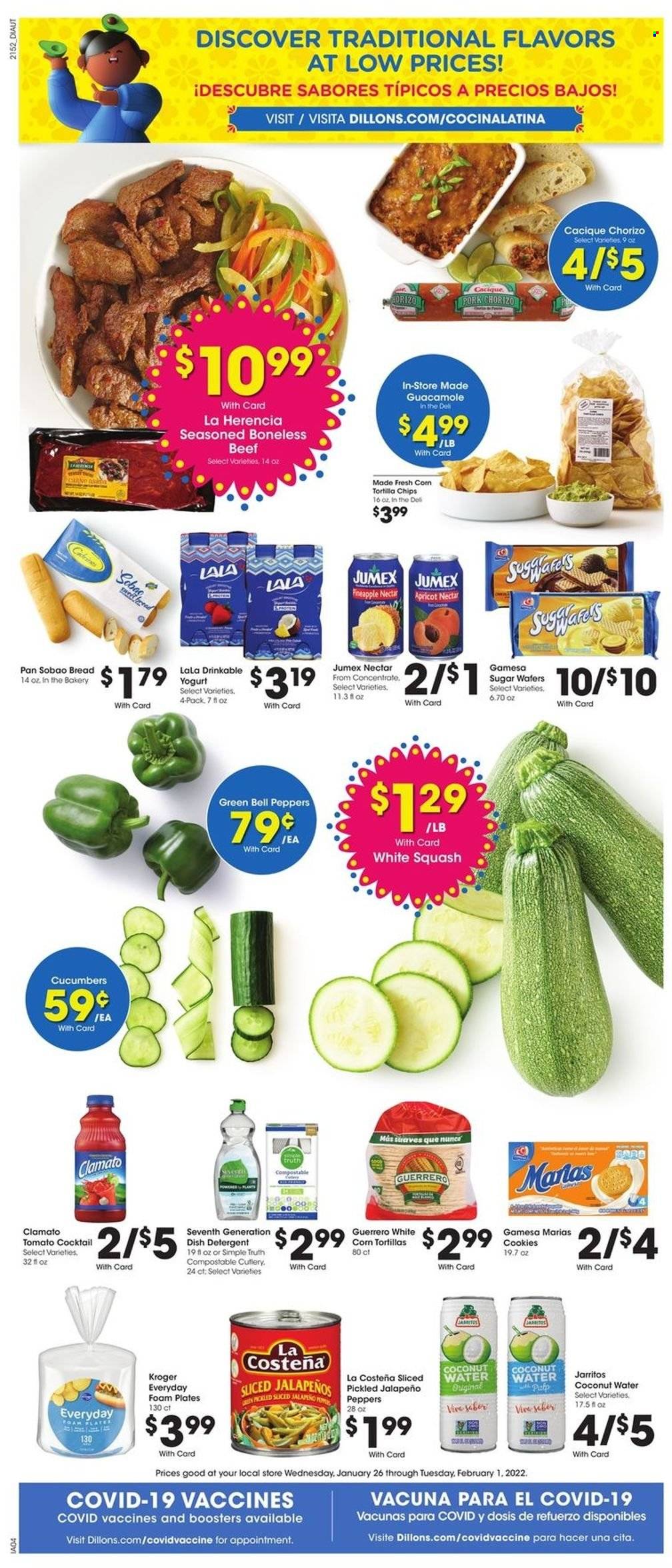 thumbnail - Baker's Flyer - 01/26/2022 - 02/01/2022 - Sales products - bread, corn tortillas, bell peppers, cucumber, peppers, jalapeño, chorizo, guacamole, yoghurt, cookies, wafers, tortilla chips, chips, Clamato, coconut water, detergent, lid, plate, pan, foam plates. Page 9.
