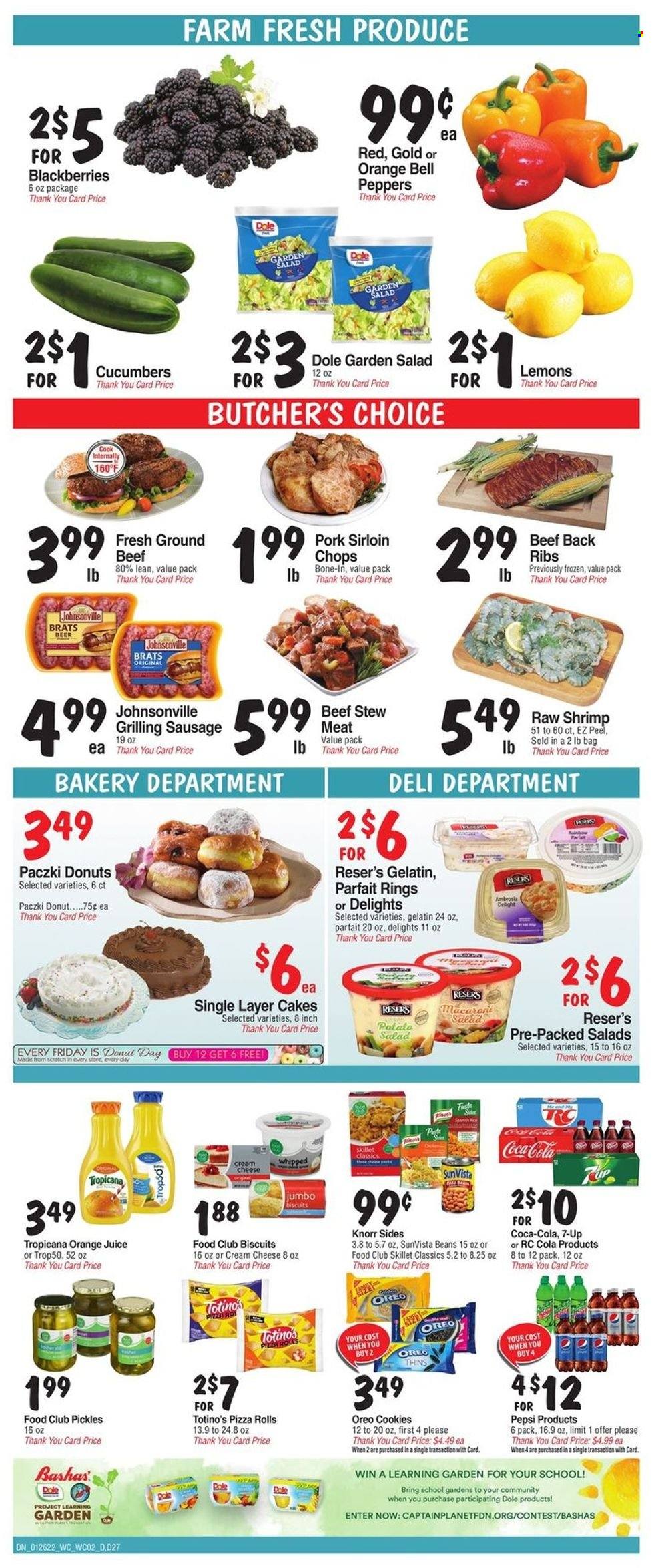 thumbnail - Bashas' Diné Markets Flyer - 01/26/2022 - 02/01/2022 - Sales products - stew meat, cake, pizza rolls, donut, paczki, beans, bell peppers, cucumber, salad, Dole, blackberries, shrimps, pizza, Knorr, Johnsonville, sausage, potato salad, macaroni salad, Oreo, whipped cream, cookies, biscuit, Thins, pickles, Coca-Cola, Pepsi, orange juice, juice, 7UP, beer, beef meat, ground beef, pork loin, gelatin, lemons. Page 2.