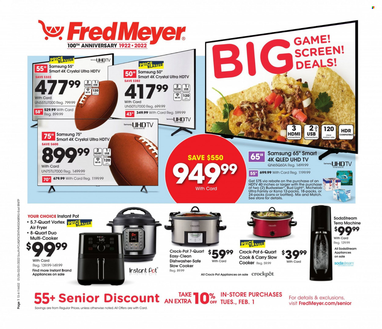 thumbnail - Fred Meyer Flyer - 01/26/2022 - 02/01/2022 - Sales products - rice, beer, Bud Light, pot, SodaStream, Samsung, UHD TV, HDTV, TV, multifunction cooker, slow cooker, air fryer, Instant Pot, CrockPot, Budweiser, Michelob. Page 1.