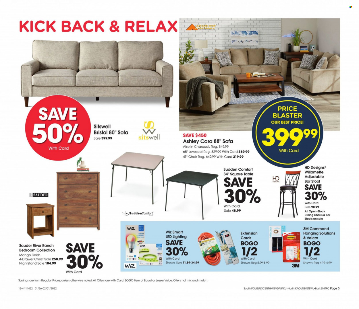 thumbnail - Fred Meyer Flyer - 01/26/2022 - 02/01/2022 - Sales products - mango, table, stool, chair, bar stool, loveseat, sofa, lighting. Page 3.