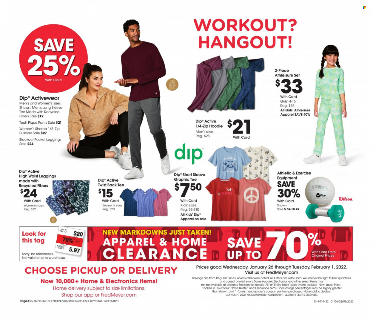 thumbnail - Fred Meyer Flyer - 01/26/2022 - 02/01/2022 - Sales products - pants, hoodie, RipNDip, Wilson, long-sleeve tee, t-shirt, sherpa, pullover, leggings. Page 8.