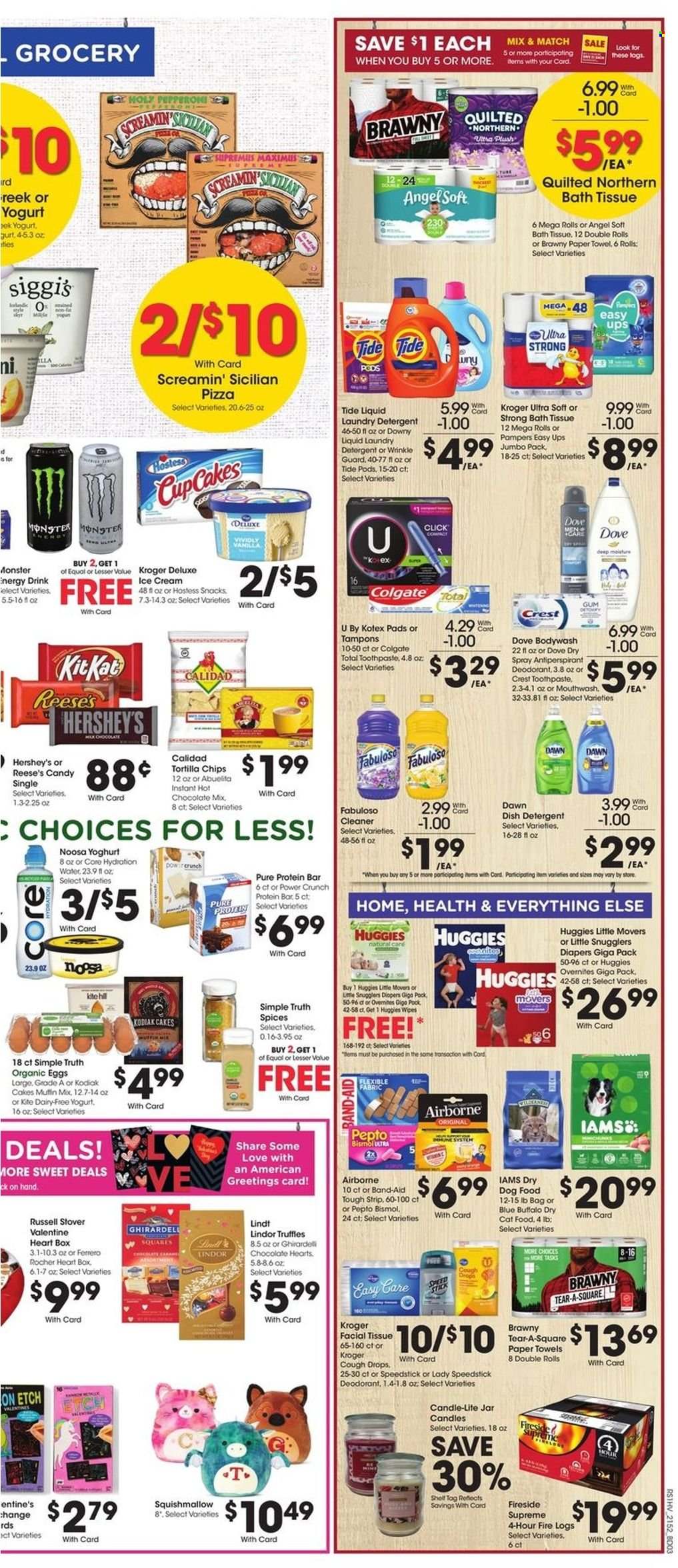 thumbnail - Pick ‘n Save Flyer - 01/26/2022 - 02/01/2022 - Sales products - pizza, yoghurt, eggs, ice cream, Reese's, Hershey's, Screamin' Sicilian, snack, Lindt, Lindor, Ferrero Rocher, truffles, tortilla chips, chips, protein bar, Monster, hot chocolate, wipes, Huggies, Pampers, nappies, bath tissue, Quilted Northern, kitchen towels, paper towels, detergent, cleaner, Fabuloso, Tide, laundry detergent, Dove, Colgate, toothpaste, mouthwash, Crest, Kotex, Kotex pads, tampons, anti-perspirant, deodorant, jar, candle, animal food, Blue Buffalo, cat food, dog food, dry dog food, dry cat food, Iams, Squishmallows, cough drops. Page 7.