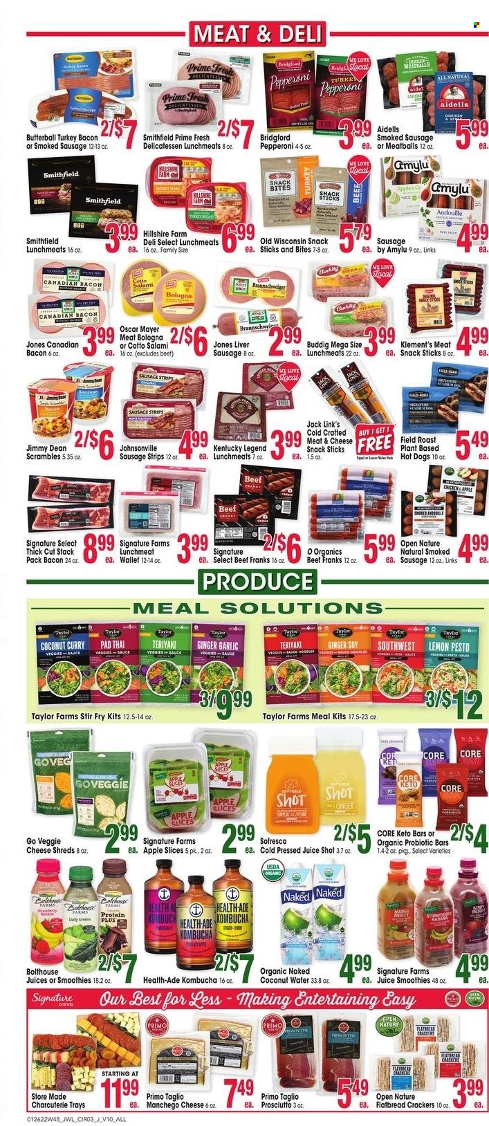 thumbnail - Jewel Osco Flyer - 01/26/2022 - 02/01/2022 - Sales products - flatbread, garlic, ginger, hot dog, meatballs, sauce, Jimmy Dean, bacon, Butterball, canadian bacon, salami, turkey bacon, Hillshire Farm, prosciutto, Johnsonville, Oscar Mayer, liver sausage, sausage, smoked sausage, pepperoni, lunch meat, Manchego, strips, snack, crackers, Jack Link's, pesto, juice, coconut water, kombucha. Page 3.