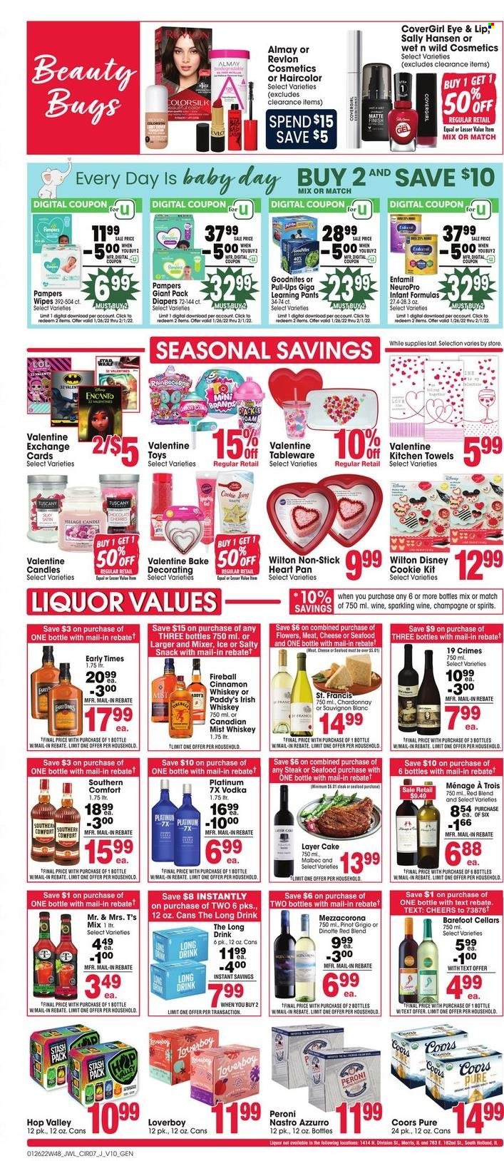 thumbnail - Jewel Osco Flyer - 01/26/2022 - 02/01/2022 - Sales products - seafood, Disney, cinnamon, red wine, sparkling wine, white wine, champagne, wine, Pinot Grigio, vodka, whiskey, irish whiskey, liquor, whisky, beer, Peroni, Enfamil, steak, wipes, Pampers, pants, nappies, kitchen towels, Almay, Revlon, Sally Hansen, tableware, pan, candle, Coors. Page 7.
