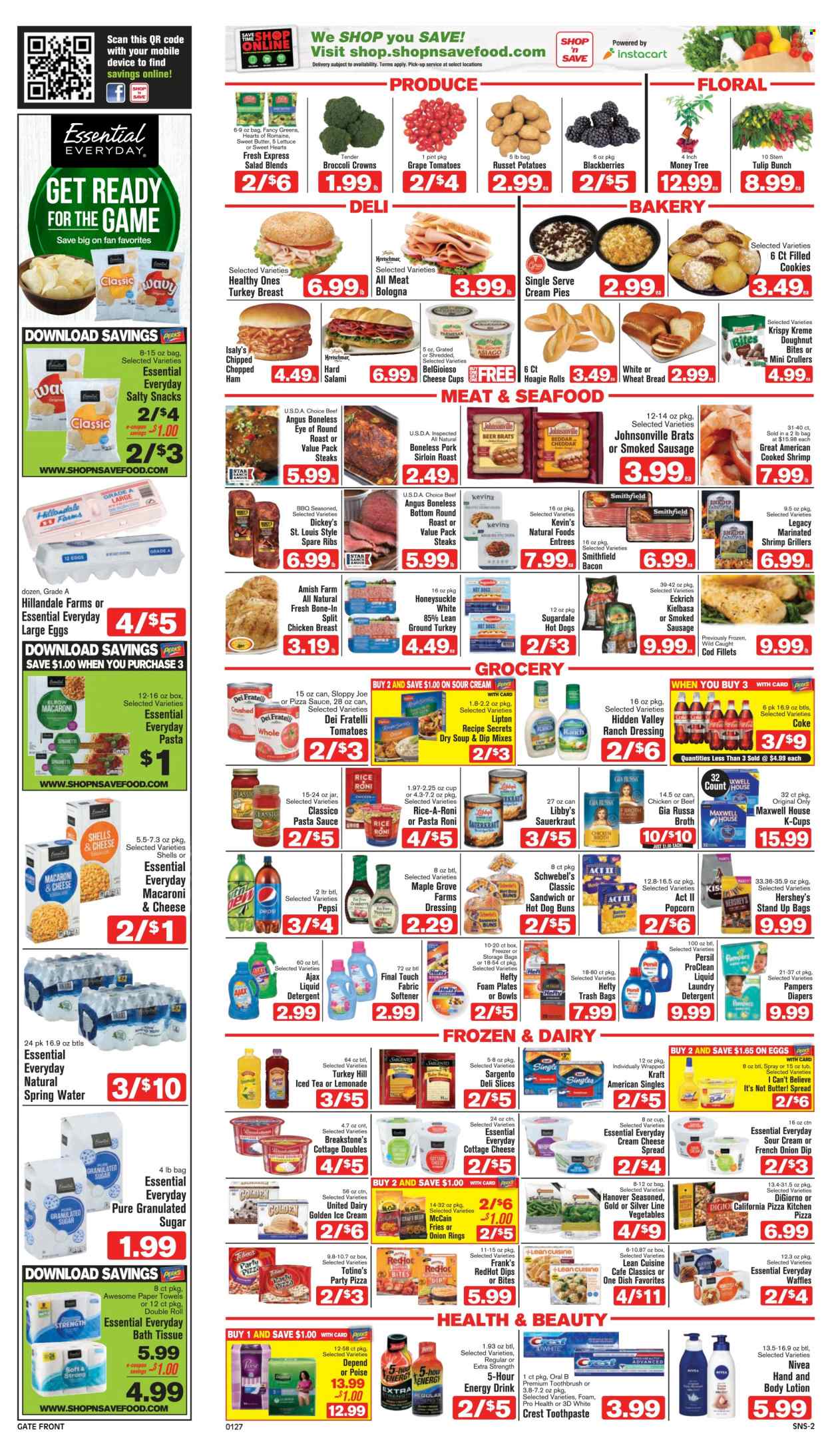 thumbnail - Shop ‘n Save Flyer - 01/27/2022 - 02/02/2022 - Sales products - wheat bread, buns, donut, cream pie, waffles, russet potatoes, potatoes, blackberries, ground turkey, chicken breasts, beef meat, steak, eye of round, round roast, Johnsonville, pork loin, pork spare ribs, cod, seafood, shrimps, macaroni & cheese, spaghetti, pasta sauce, onion rings, sandwich, soup, Lean Cuisine, Kraft®, Sugardale, salami, ham, sausage, smoked sausage, kielbasa, cheese spread, asiago, cottage cheese, cream cheese, cheese cup, parmesan, Kraft Singles, Sargento, large eggs, I Can't Believe It's Not Butter, sour cream, ranch dressing, ice cream, Hershey's, McCain, potato fries, cookies, snack, popcorn, granulated sugar, sugar, chicken broth, broth, sauerkraut, rice, dressing, Classico, Coca-Cola, lemonade, Pepsi, energy drink, Lipton, ice tea, spring water, Maxwell House, coffee capsules, K-Cups, beer, bath tissue, kitchen towels, paper towels, detergent, Ajax, Persil, fabric softener, liquid detergent, laundry detergent, toothbrush, Oral-B, toothpaste, Crest, Nivea, body lotion. Page 2.