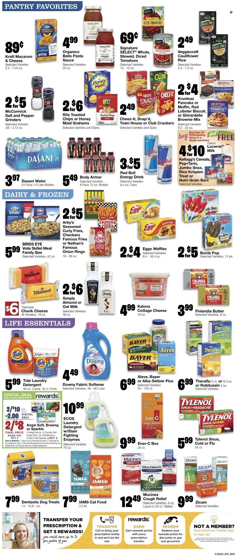 thumbnail - Market Street Flyer - 01/26/2022 - 02/01/2022 - Sales products - muffin, waffles, brownie mix, tomatoes, lobster, macaroni & cheese, onion rings, pasta, sauce, pancakes, Bird's Eye, Kraft®, cottage cheese, chunk cheese, milk, oat milk, eggs, butter, curly potato fries, potato fries, crackers, Kellogg's, biscuit, Pop-Tarts, Nutri-Grain bars, RITZ, Cheez-It, cereals, Rice Krispies, Honey Maid, Nutri-Grain, Body Armor, energy drink, Red Bull, detergent, Tide, fabric softener, laundry detergent, Downy Laundry, animal food, cat food, Dentastix, Iams, Aleve, Mucinex, Robitussin, Theraflu, Tylenol, Alka-seltzer, Bayer. Page 3.