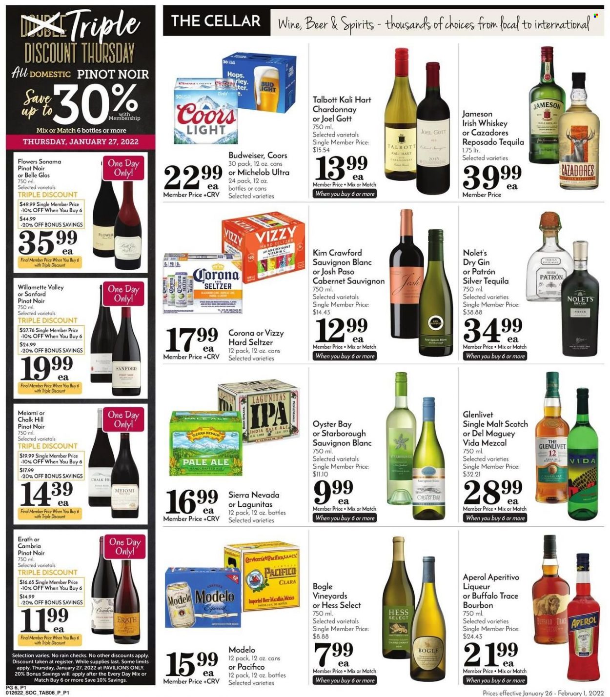 thumbnail - Pavilions Flyer - 01/26/2022 - 02/01/2022 - Sales products - oysters, Cabernet Sauvignon, red wine, white wine, Chardonnay, Pinot Noir, Sauvignon Blanc, bourbon, gin, liqueur, tequila, whiskey, irish whiskey, Jameson, Aperol, Hard Seltzer, whisky, beer, Bud Light, Corona Extra, IPA, Modelo, vitamin c, Budweiser, Coors, Michelob. Page 8.