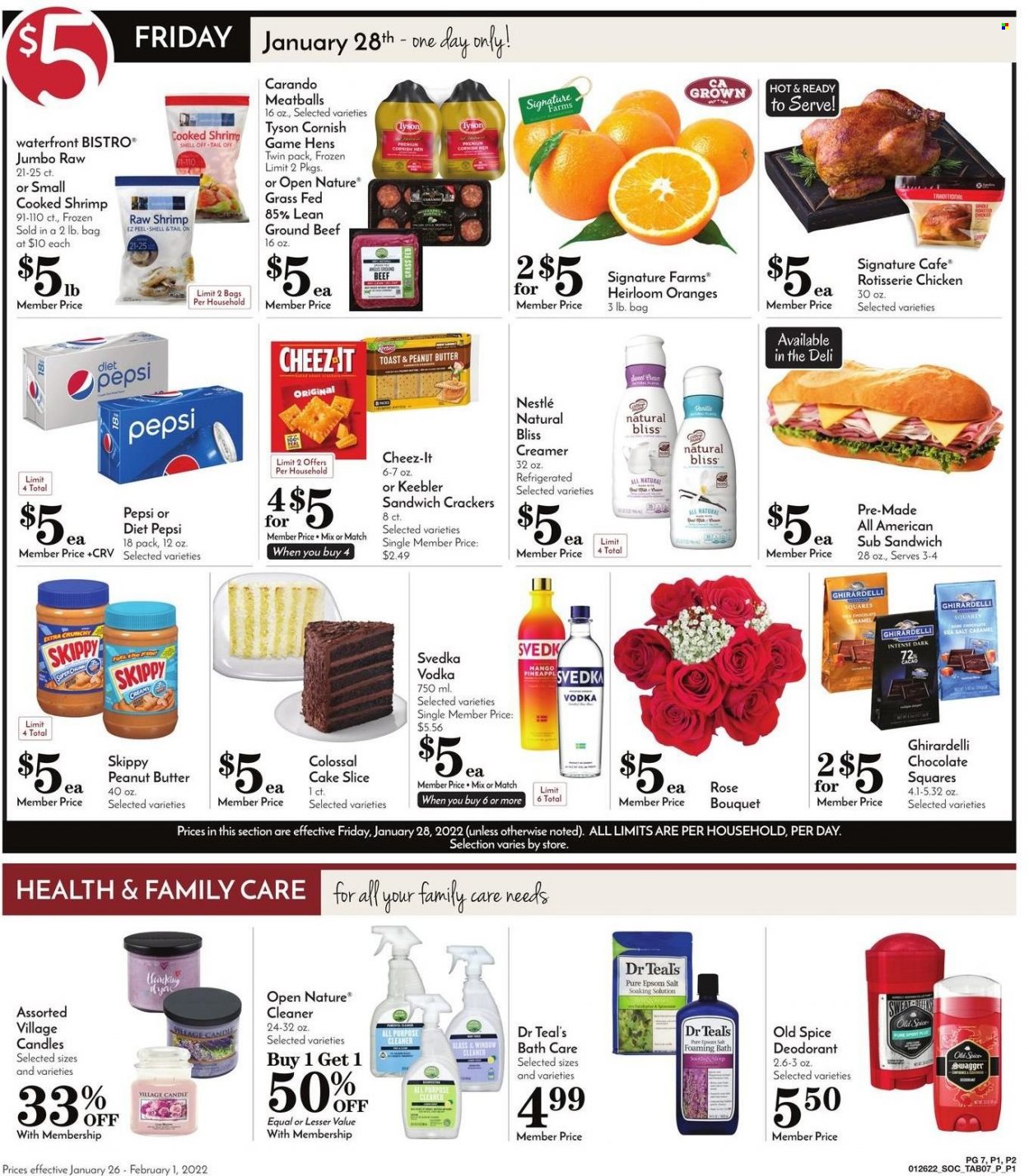 thumbnail - Pavilions Flyer - 01/26/2022 - 02/01/2022 - Sales products - oranges, shrimps, chicken roast, meatballs, creamer, Nestlé, chocolate, crackers, Ghirardelli, Keebler, Cheez-It, spice, peanut butter, Pepsi, Diet Pepsi, wine, rosé wine, vodka, cornish hen, beef meat, ground beef, cleaner, all purpose cleaner, Old Spice, anti-perspirant, deodorant, candle, bouquet, rose. Page 9.