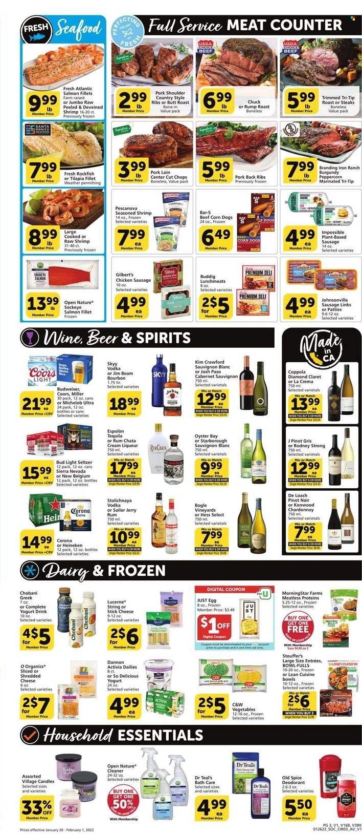 thumbnail - Vons Flyer - 01/26/2022 - 02/01/2022 - Sales products - beef meat, steak, chuck roast, Johnsonville, pork loin, pork meat, pork ribs, pork shoulder, pork back ribs, country style ribs, rockfish, salmon, salmon fillet, tilapia, oysters, shrimps, MorningStar Farms, Lean Cuisine, bowl-fulls, sausage, chicken sausage, Gilbert’s, lunch meat, shredded cheese, yoghurt, Activia, Chobani, Dannon, yoghurt drink, eggs, cheese sticks, Stouffer's, spice, Cabernet Sauvignon, red wine, white wine, Chardonnay, wine, Pinot Noir, Pinot Grigio, Sauvignon Blanc, liqueur, rum, tequila, vodka, SKYY, Jim Beam, Hard Seltzer, beer, Bud Light, Corona Extra, Miller, cleaner, Old Spice, anti-perspirant, deodorant, candle, Budweiser, Coors, Michelob. Page 3.