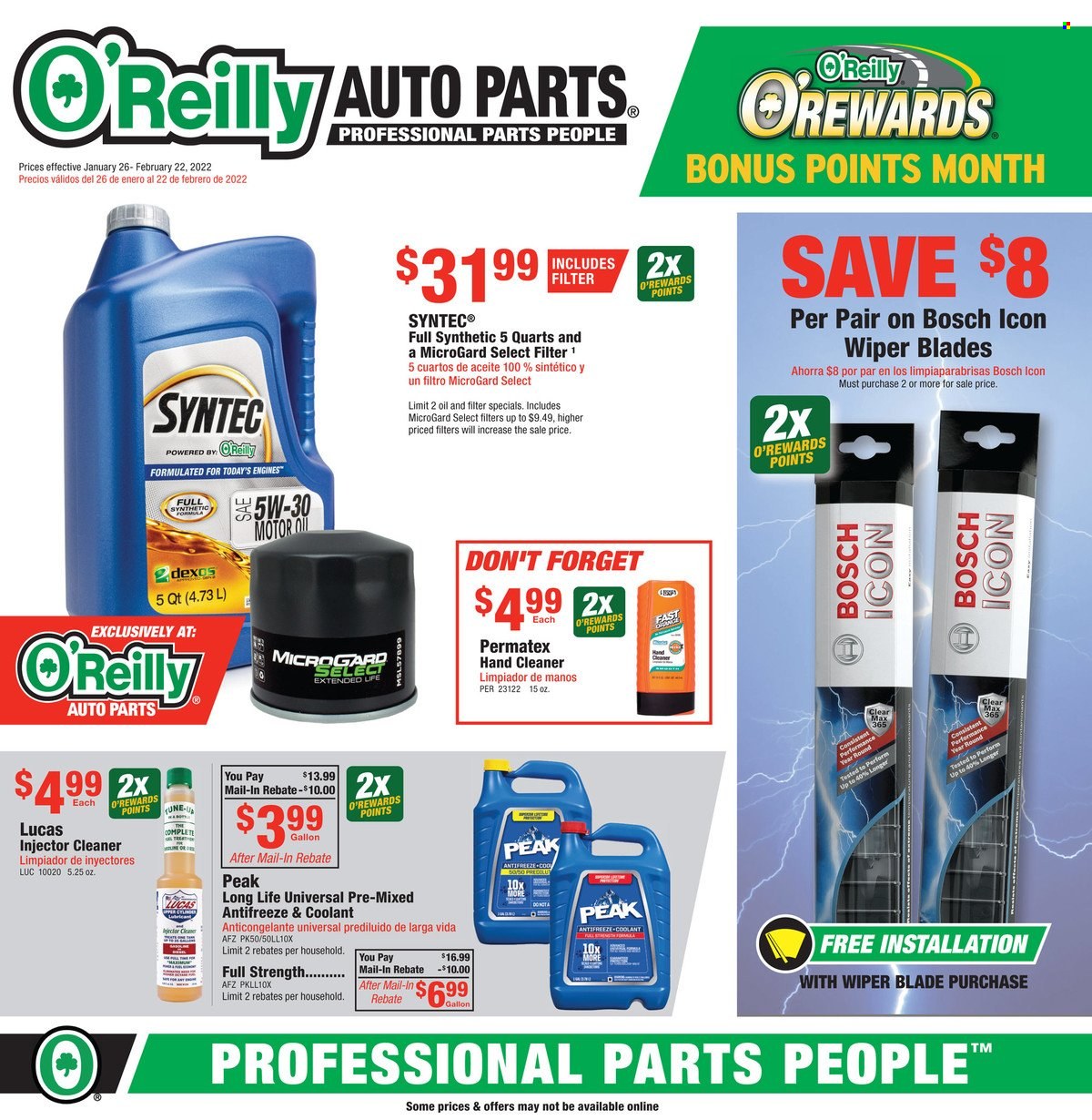 thumbnail - O'Reilly Auto Parts Flyer - 01/26/2022 - 02/22/2022 - Sales products - Bosch, wiper blades, Lucas, injector cleaner, cleaner, antifreeze. Page 1.