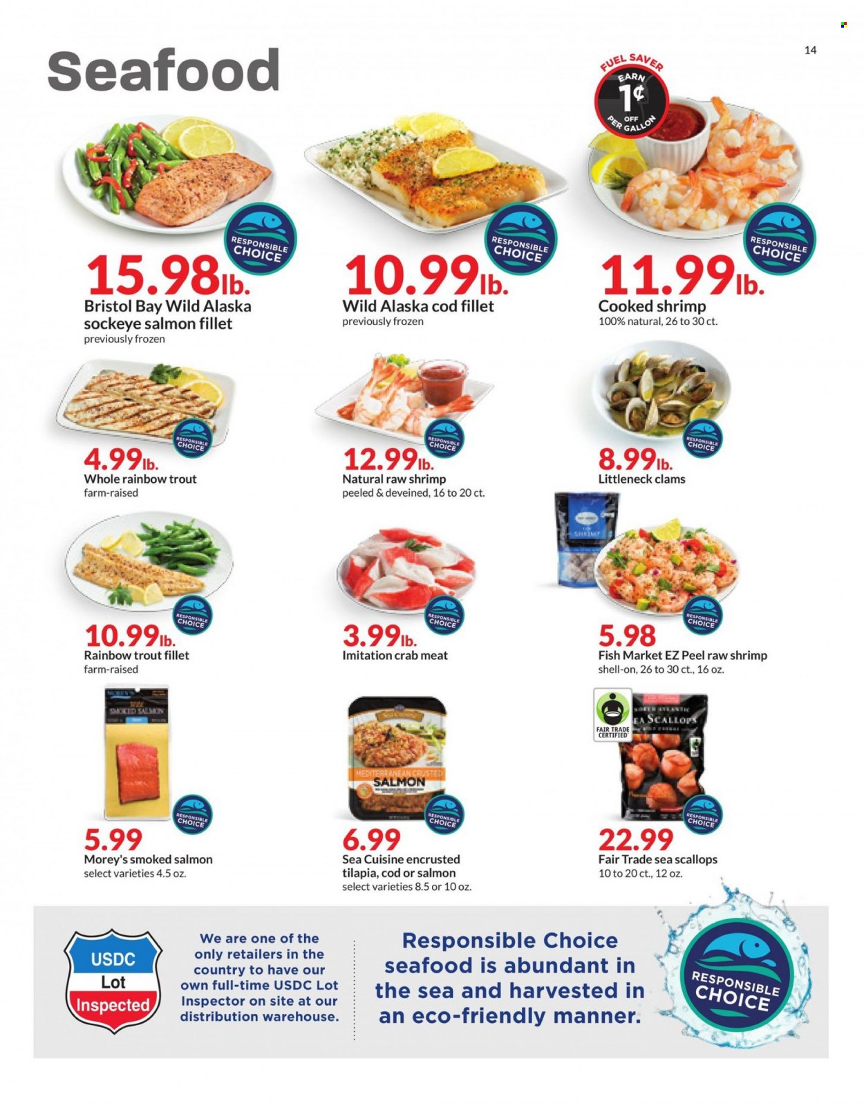 thumbnail - Hy-Vee Flyer - 01/26/2022 - 02/01/2022 - Sales products - clams, cod, crab meat, salmon fillet, scallops, smoked salmon, tilapia, trout, seafood, crab, shrimps. Page 14.