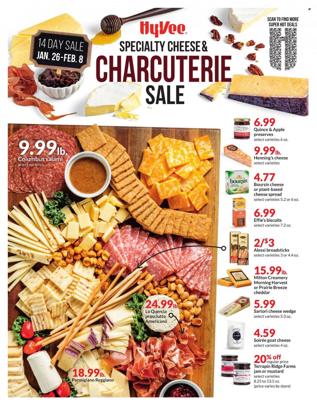thumbnail - Hy-Vee Flyer - 01/26/2022 - 02/08/2022 - Sales products - quince, garlic, salami, prosciutto, cheese spread, goat cheese, cheddar, Parmigiano Reggiano, biscuit, bread sticks, pepper, mustard, fruit jam. Page 1.
