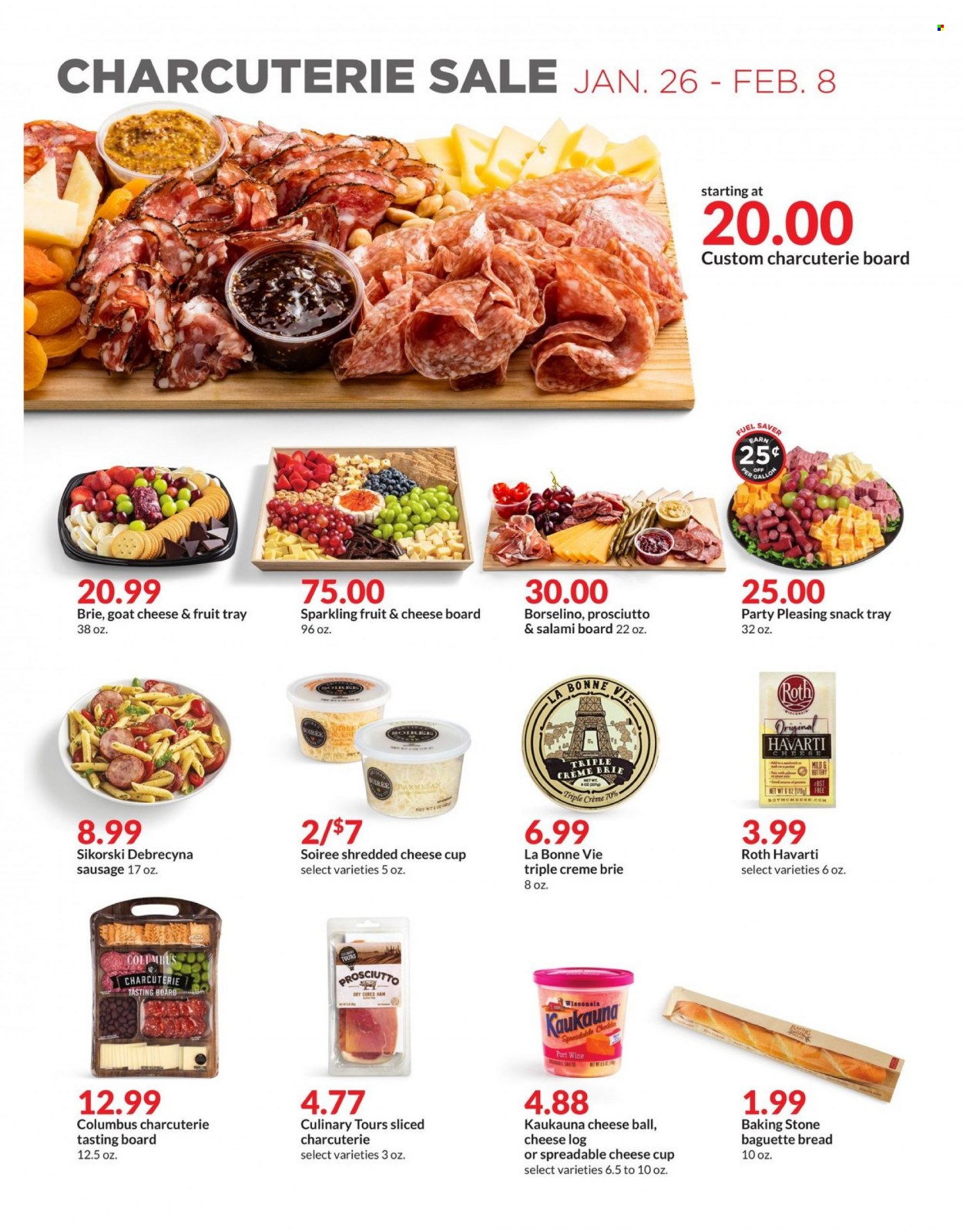 thumbnail - Hy-Vee Flyer - 01/26/2022 - 02/08/2022 - Sales products - baguette, bread, salami, ham, prosciutto, sausage, goat cheese, shredded cheese, Havarti, cheese cup, parmesan, brie, snack, wine, port wine, cup, cheese board. Page 2.