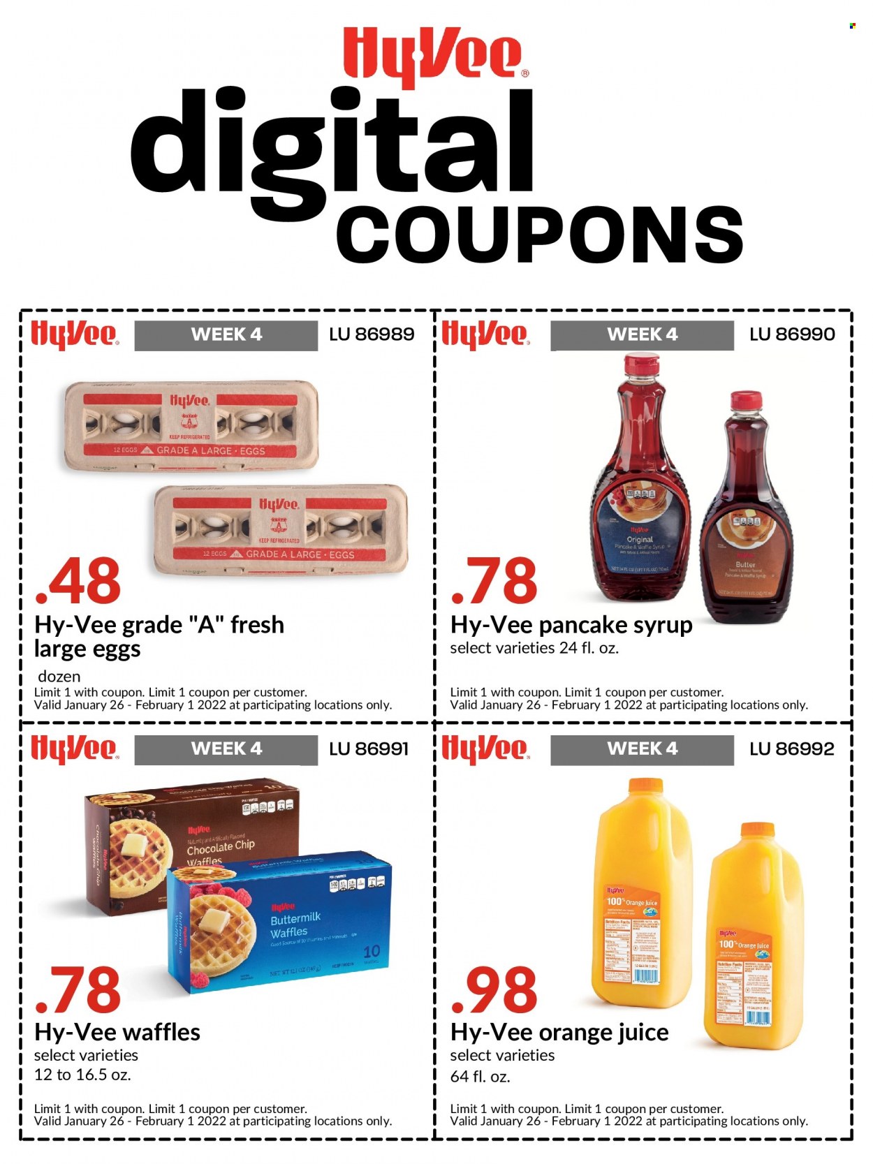 thumbnail - Hy-Vee Flyer - 01/26/2022 - 02/01/2022 - Sales products - waffles, buttermilk, large eggs, chocolate chips, pancake syrup, syrup, orange juice, juice. Page 1.