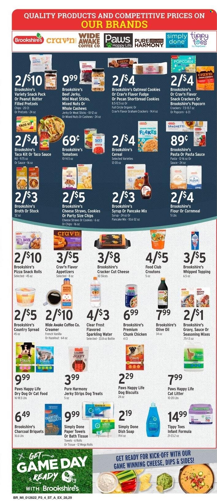 thumbnail - Brookshires Flyer - 01/26/2022 - 02/01/2022 - Sales products - pretzels, spaghetti, pizza, pasta sauce, pancakes, beef jerky, jerky, creamer, strips, cookies, fudge, graham crackers, crackers, chips, popcorn, croutons, oatmeal, topping, broth, cereals, spice, taco sauce, olive oil, oil, peanut butter, syrup, cashews, mixed nuts, sparkling water, coffee, bath tissue, kitchen towels, paper towels, soap, straw, cat litter, Paws, animal food, animal treats, cat food, dog food, dog biscuits, Pure Harmony. Page 3.