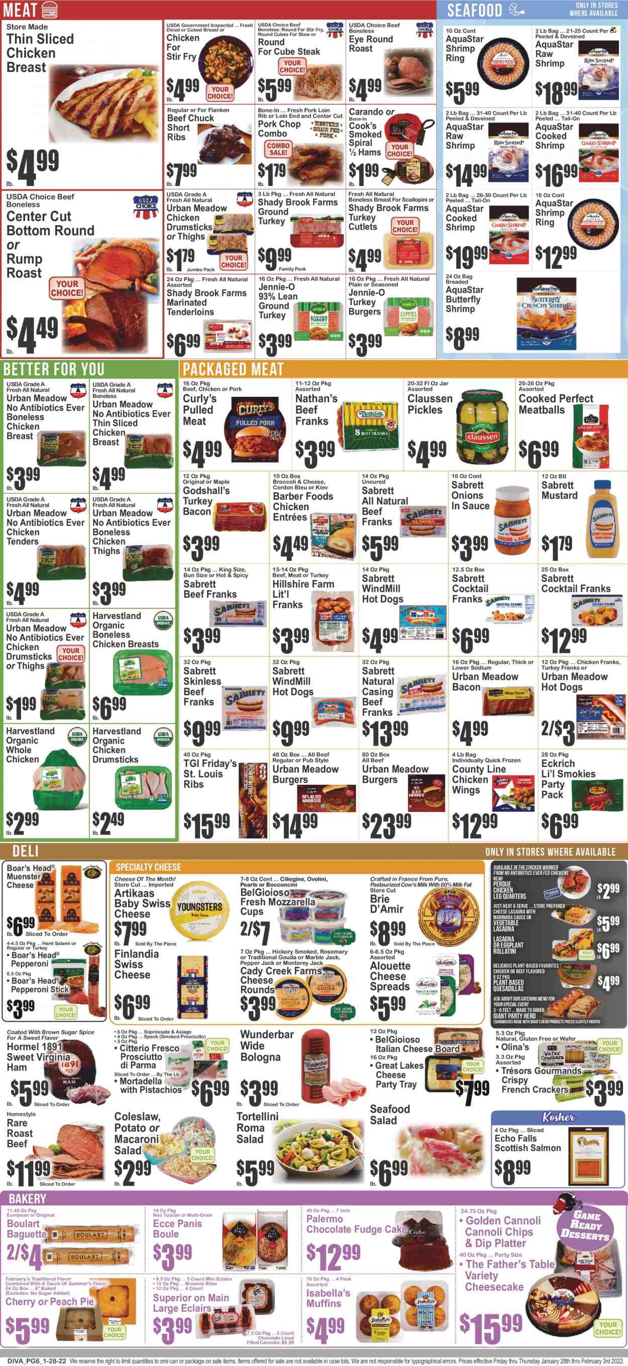 thumbnail - Key Food Flyer - 01/28/2022 - 02/03/2022 - Sales products - baguette, cake, pie, Father's Table, cheesecake, brownies, muffin, broccoli, onion, salad, eggplant, cherries, salmon, seafood, shrimps, coleslaw, hot dog, chicken tenders, meatballs, sandwich, hamburger, tortellini, lasagna meal, Perdue®, Hormel, bacon, mortadella, salami, turkey bacon, ham, Hillshire Farm, prosciutto, bologna sausage, virginia ham, Cook's, pepperoni, chicken frankfurters, macaroni salad, seafood salad, asiago, bocconcini, gouda, Monterey Jack cheese, swiss cheese, Pepper Jack cheese, brie, Münster cheese, milk, dip, chicken wings, cordon bleu, fudge, wafers, chocolate, crackers, cane sugar, pickles, rosemary, spice, mustard, ground turkey, whole chicken, chicken legs, chicken thighs, chicken drumsticks, beef meat, steak, round roast, roast beef, turkey burger, pork chops, pork loin, pork meat, cup, cheese board. Page 6.